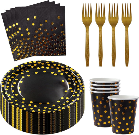160 Pcs Black and Gold Paper Plates, Forks and Cups Party Supplies, black birthday plates Tableware Supplies for Birthdays, Graduations, Weddings, Holidays 40 Guests