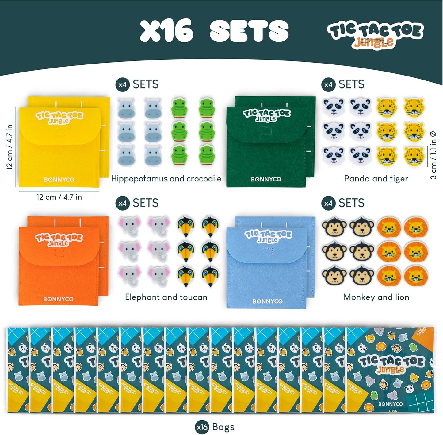 BONNYCO Tic Tac Toe Game Pack 16 Jungle Animals Kids Party Favors. Safari Goodie Bags Stuffers for Kids 3-5 4-8, Goody Bag Stuffers Pinata. Return Gifts for Birthday Party, Mini Games Bulk Travel