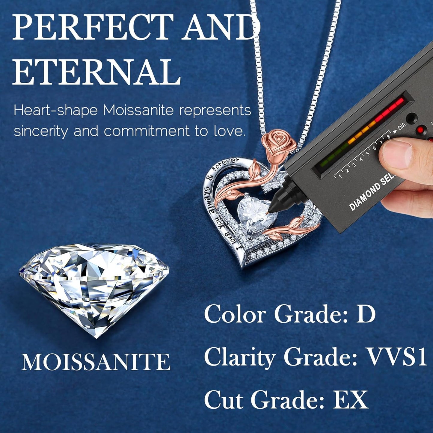 MOOSEA Rose Heart Moissanite Necklace for Women, 1-3 ct D Color VVS1 Clarity 925 Sterling Silver Moissanite Pendant Necklace Anniversary Birthday Gifts for Mom Wife Girlfriend Christmas Jewelry Gifts