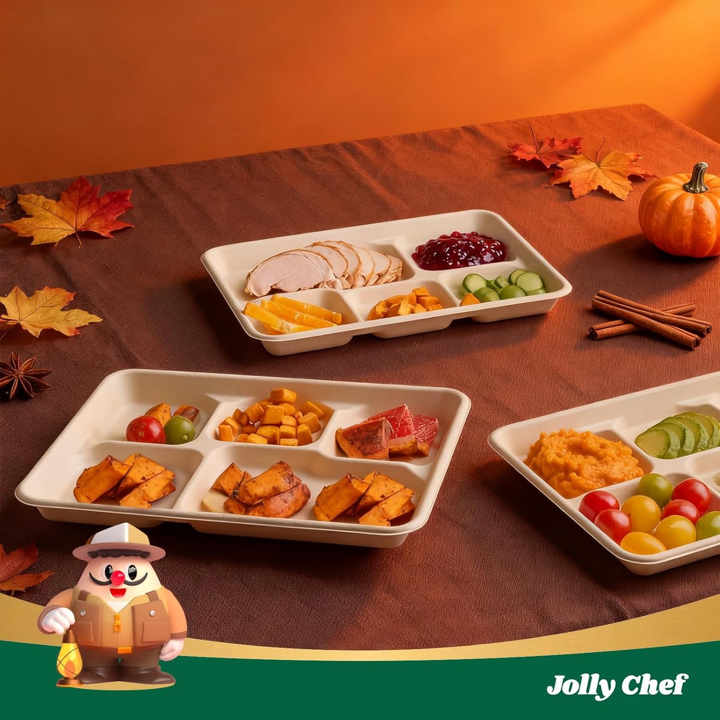 JOLLY CHEF Compostable 𝟱 Compartment 𝟭𝟭 * 𝟴 𝗶𝗻𝗰𝗵 Paper Plates [𝟭𝟬𝟬 𝗣𝗮𝗰𝗸] Heavy Duty Small Natural Divided Eco-Friendly Biodegradable Food Trays for Dinner Lunch Thanksgiving Day