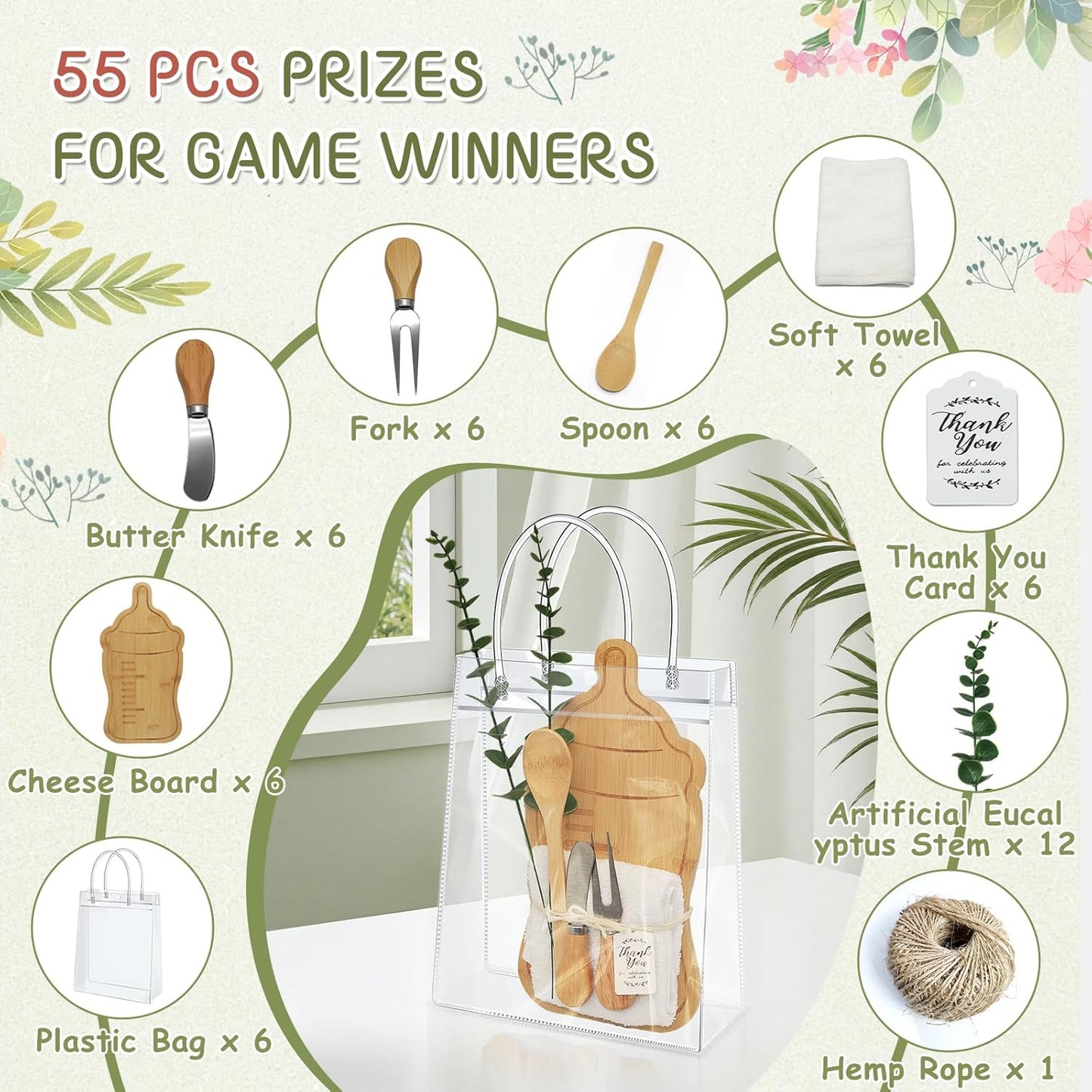 AZEAM 55Pcs Baby Shower Prizes for Game Winners, Bridal Shower Prizes with 6 Sets Bottle Cheese Board Spoon Fork Butter Knife Towel Card Plastic Bag Branch, Wedding Shower Favors for Guests