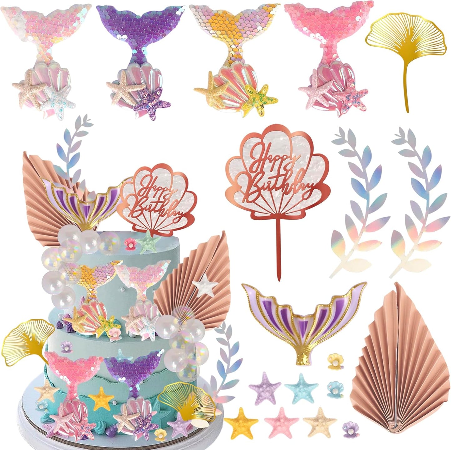 Rsstarxi 30 Pack Mermaid Theme Cake Decoration Shell Starfish Bubble Mermaid Cake Pick Decoration for Under the Sea Theme Girls Birthday Party Cake Decorations