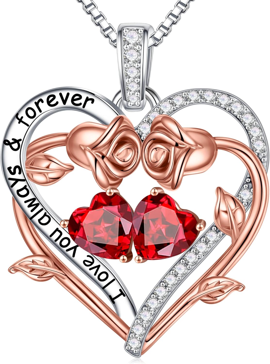 Iefil Rose Heart Double Birthstone Necklace Gifts for Wife Her Mom Women, Birthstone Jewelry Gemstone Birthday Gifts for Girlfriend Grandma Her Wife Women