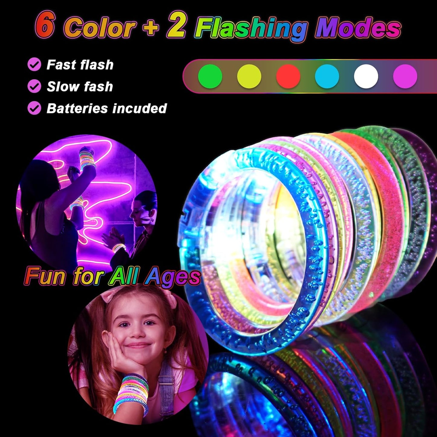 90 Pack Glow Bracelets, Glow in the Dark Party Supplies, 6 Color LED Light Up Bracelets for Adults & Kids Birthday Party Favors, Concert, New Year, Carnival, Raves