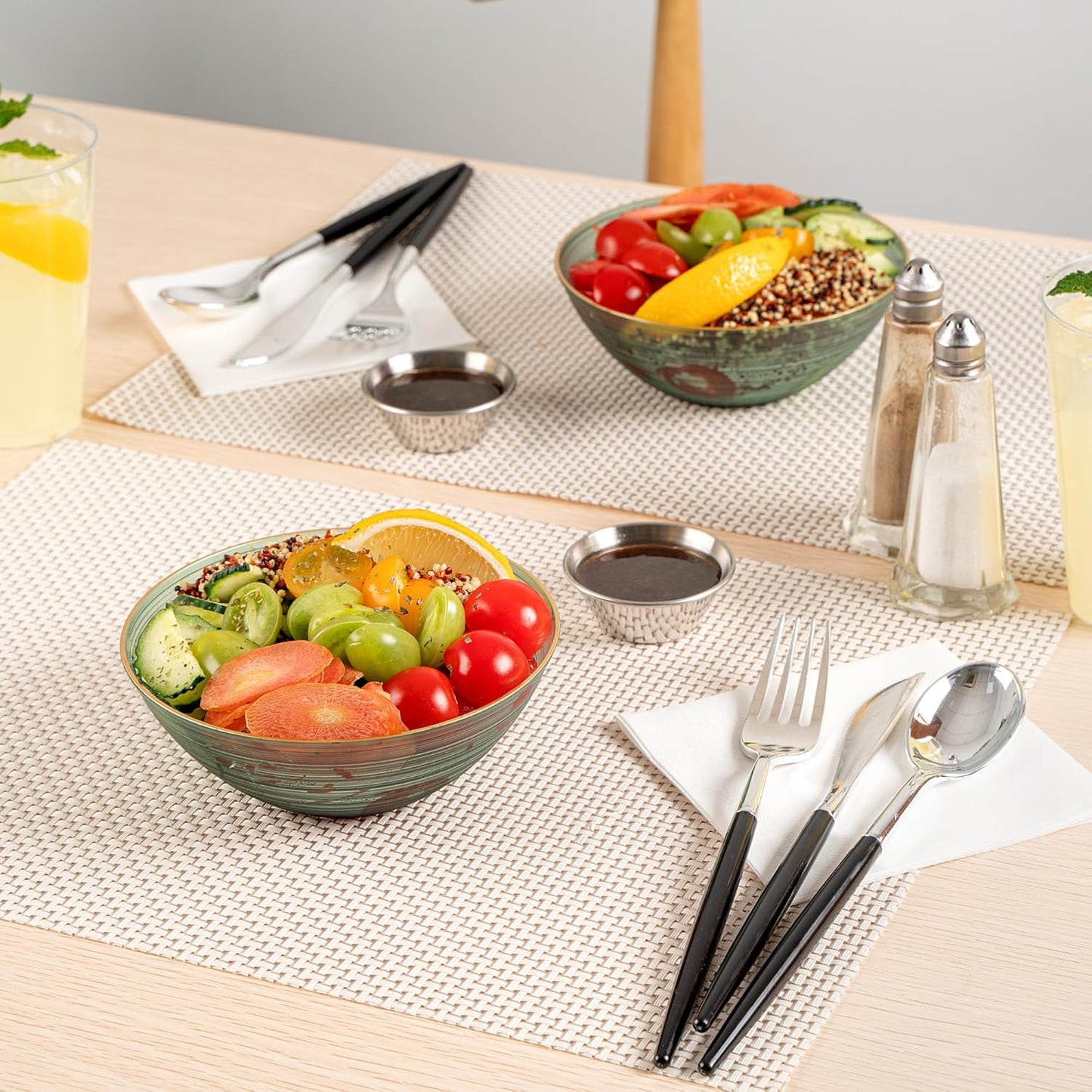 Restaurantware Plastic Bowls 20 Pcs 16 oz Gold Rimmed Disposable Soup Bowls Heavy-Duty Green Translucent Rippled Dinnerware Containers for Party, Desserts, Salads, Snacks, and Catering