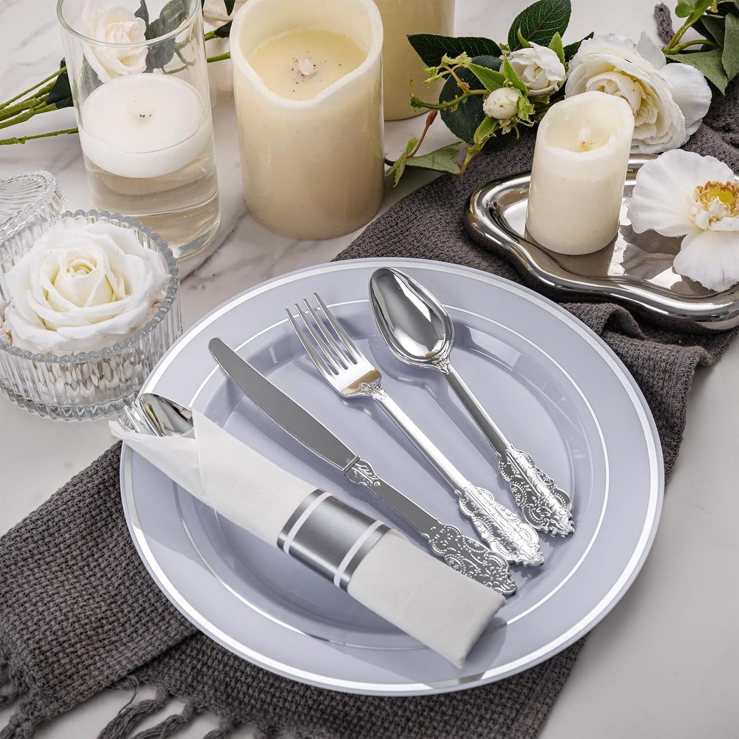 WELLIFE 50 Pack Silver Plastic Silverware, Plastic Cutlery Set Include 50 Forks, 50 Knives, 50 Spoons and 50 Pre Rolled Napkins, Disposable Utensils for Party and Wedding