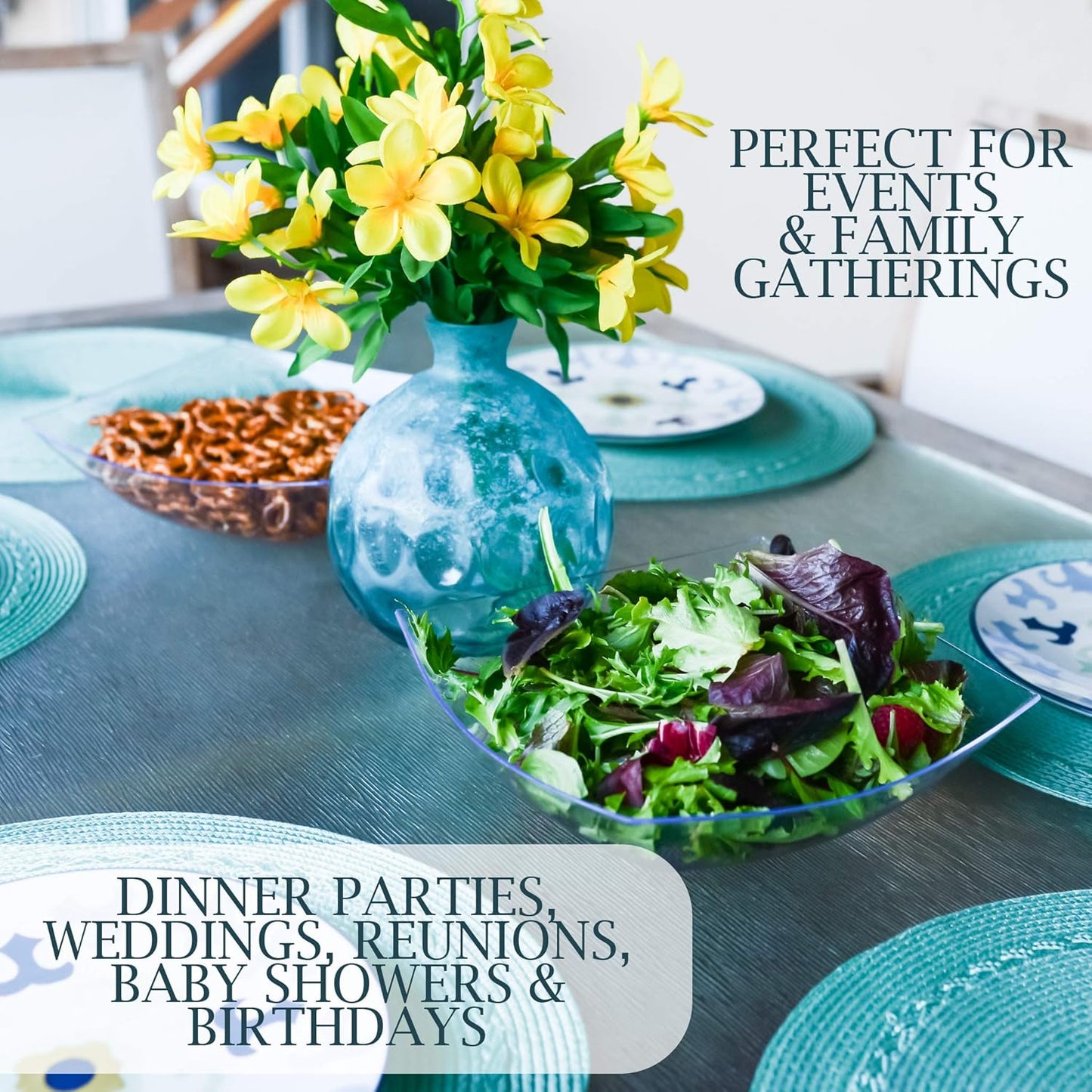 PLASTICPRO Disposable 64 ounce Square Serving Bowls, Party Snack or Salad Bowl, Large Plastic Crystal Clear Pack of 4