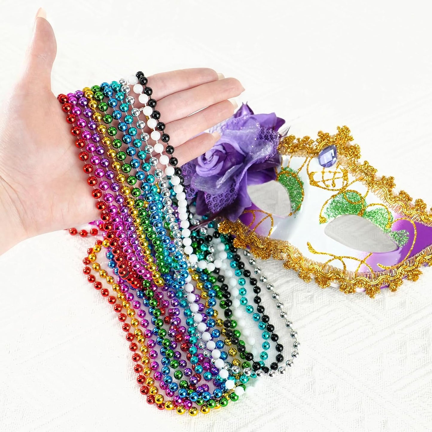 SHAOQINLIN 144 PCS Mardi Gras Beads Necklaces, 33'' Colorful Christmas Necklace Party Beads Round Beaded Necklaces for Mardi Gras, Christmas, Carnival Party Favor in 12 Colors