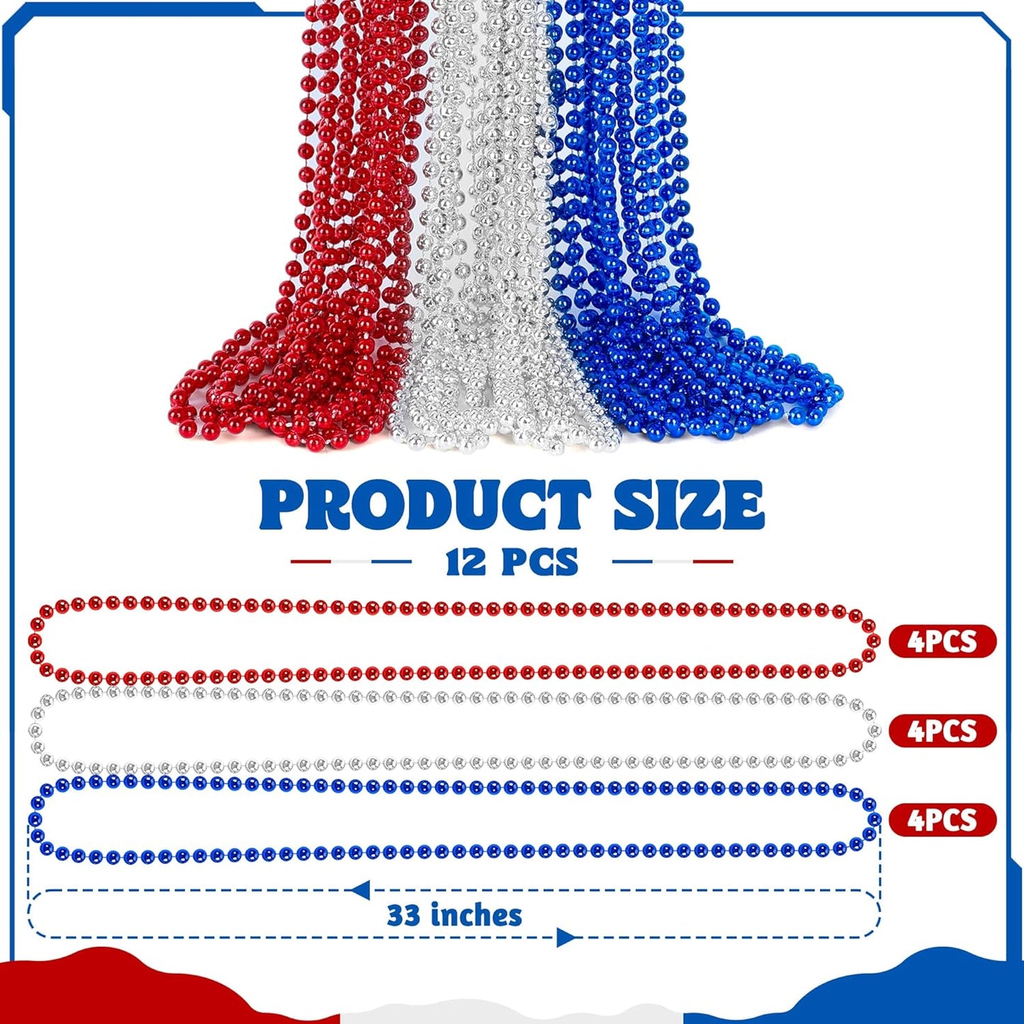 12 PCS 4th of July Beads Necklaces, 33" Red Silver Blue Beaded Necklaces Bulk, Patriotic Round Beads, Independence Day Parade Suppliesfor Fourth of July Party Accessories Decorations Favors