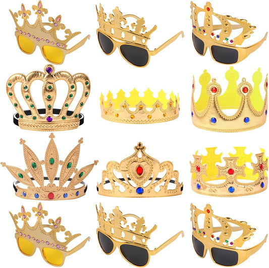 12pcs Party Gift Crown Glasses Adjustable King Crown Hat Crown Sunglasses Crown funny glasses for Party Photo Props Kids Party King Queen Prince Princess Costume Accessories Dress-Up Supplies