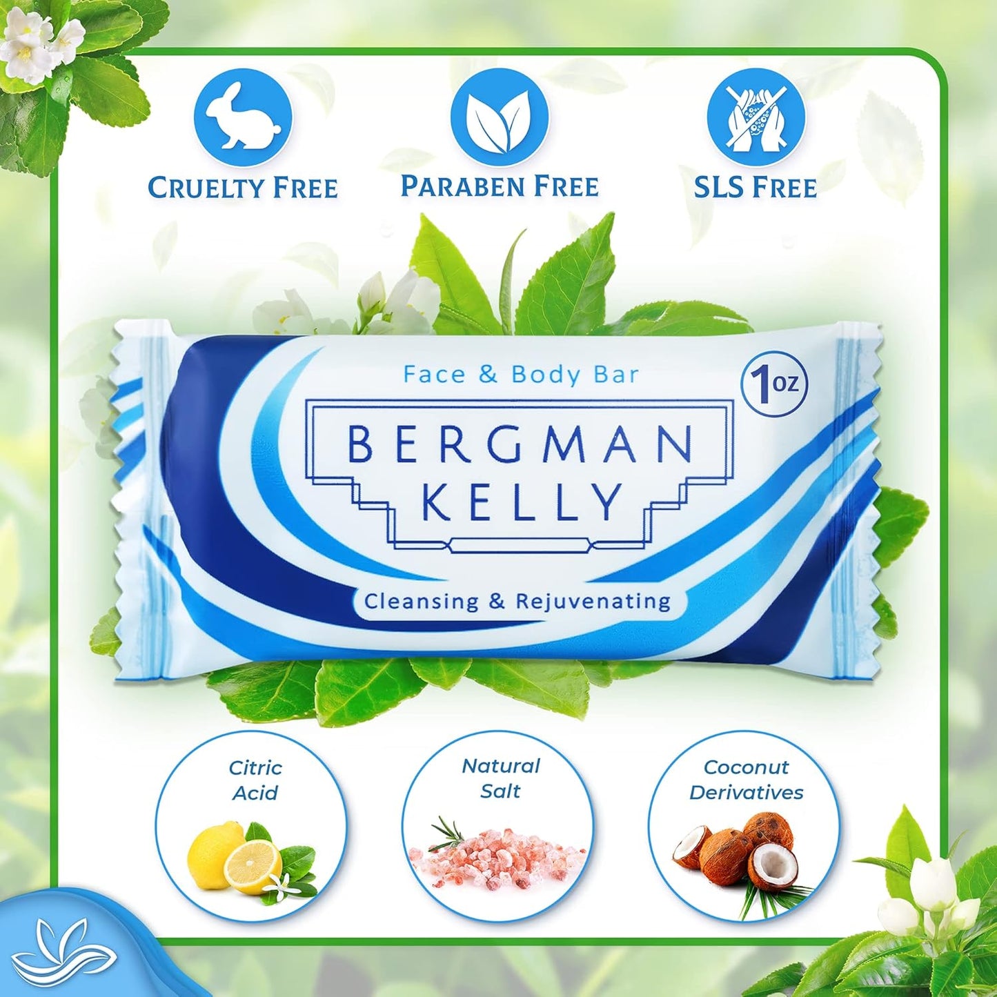 BERGMAN KELLY - Hotel Soap Bars - White Tea, 1 oz, 200 PK - Travel Size Luxury Bulk Amenities Bar Soap - Mini Individually Wrapped Rectangular Soap, Small Toiletries for Airbnb, Motel, Guest Bath