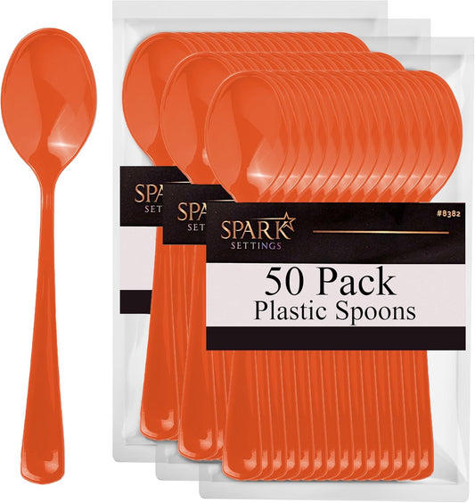 Disposable Orange Plastic Spoons - Heavy Duty, Ideal for Hot & Cold Food, Perfect for Home, Office, School, Parties & Weddings - 50 Pack