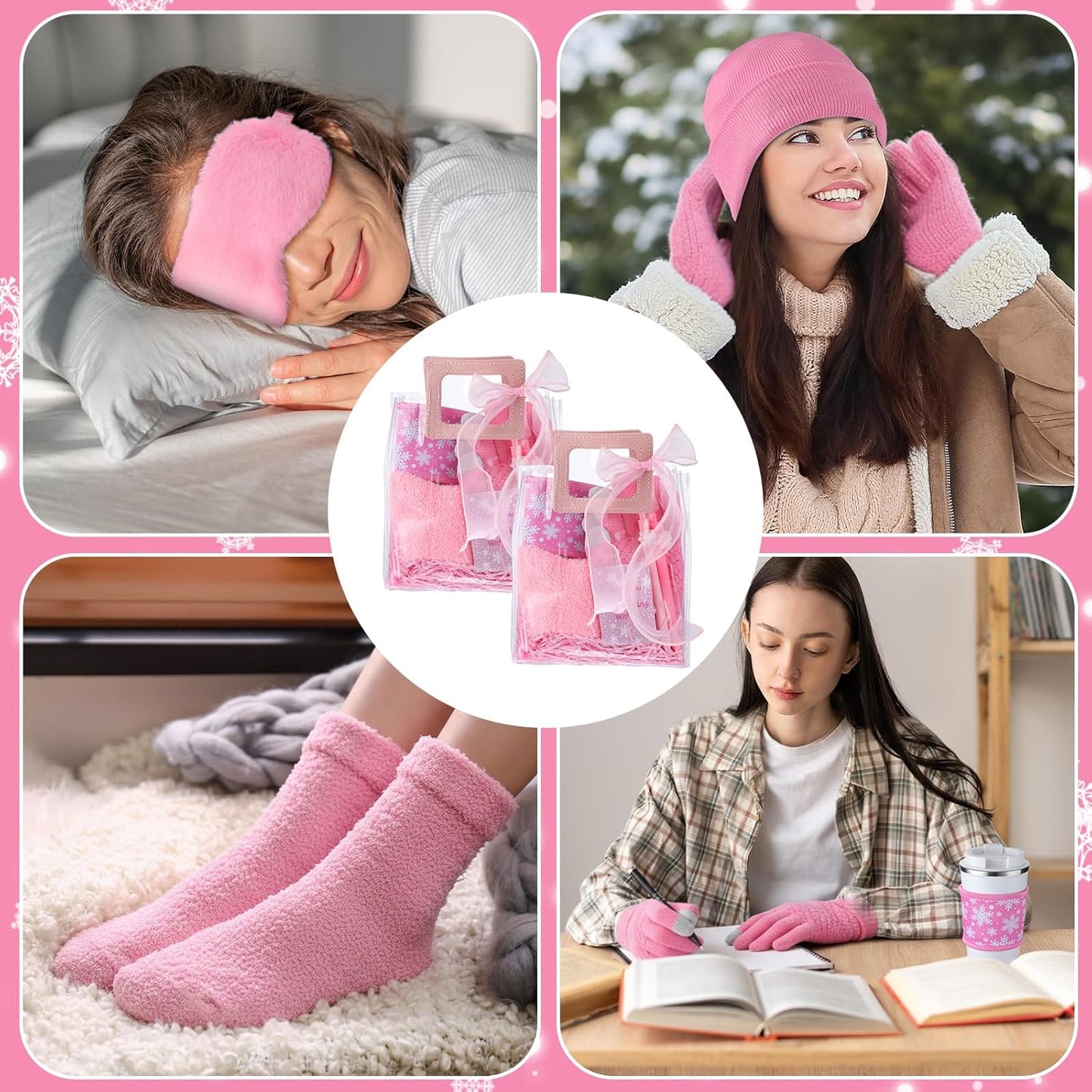 Shihanee 6 Sets Baby Shower Prizes for Game Wedding Bridal Shower Winners Favors Include Beanie Hat Touch Screen Gloves Fuzzy Socks Plush Sleep Eye Mask Cup Sleeves Ballpoint Pen Card Gift Bags(Pink)