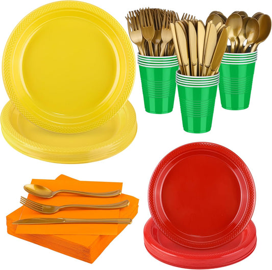 Aodaer 200 Pieces Fall Thanksgiving Party Supplies Disposable Autumn Dinnerware Set Include Plastic Dinner Dessert Plates Cups Cutlery Paper Napkins for Fall Harvest Thanksgiving Party, Serve 25 Guest