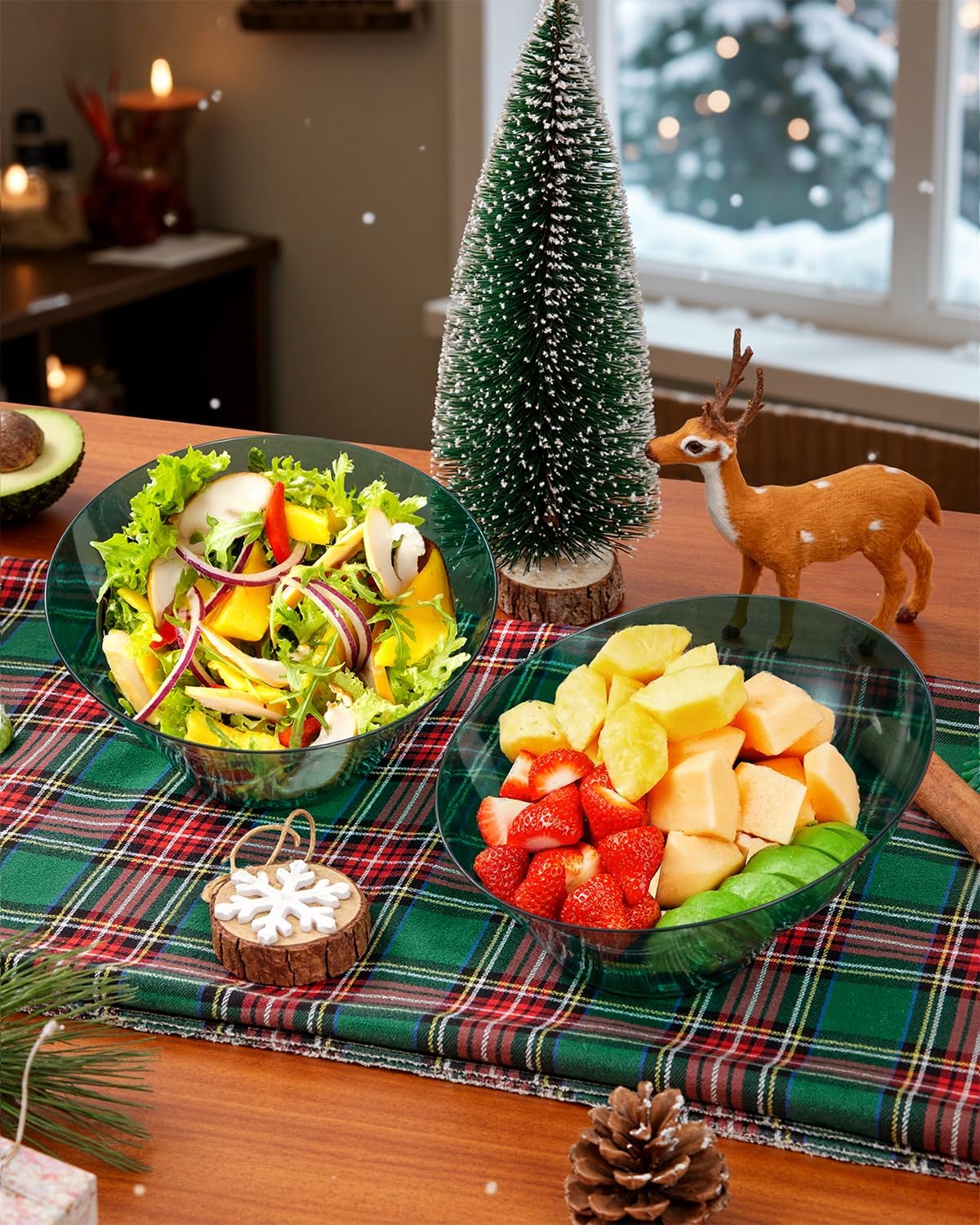 bUCLA 12 Pack Clear Green Plastic Serving Bowls - 20 OZ Christmas Angled Serving Bowls Disposable for Chip, Candy, Salad & Fruit - Ideal for X’mas Party