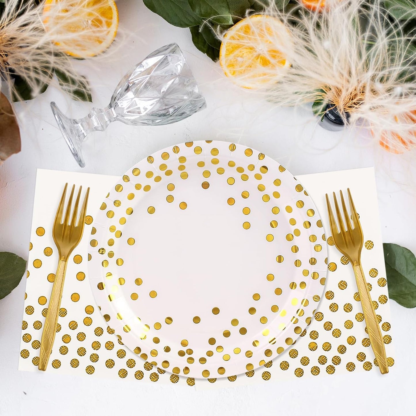 48PCS White and Gold Plates and Napkins Party Supplies, Gold Dot Disposable Party Paper Plates and Napkins with Forks Tableware Set for Wedding Baby Shower Birthday Decorations 16 Guests