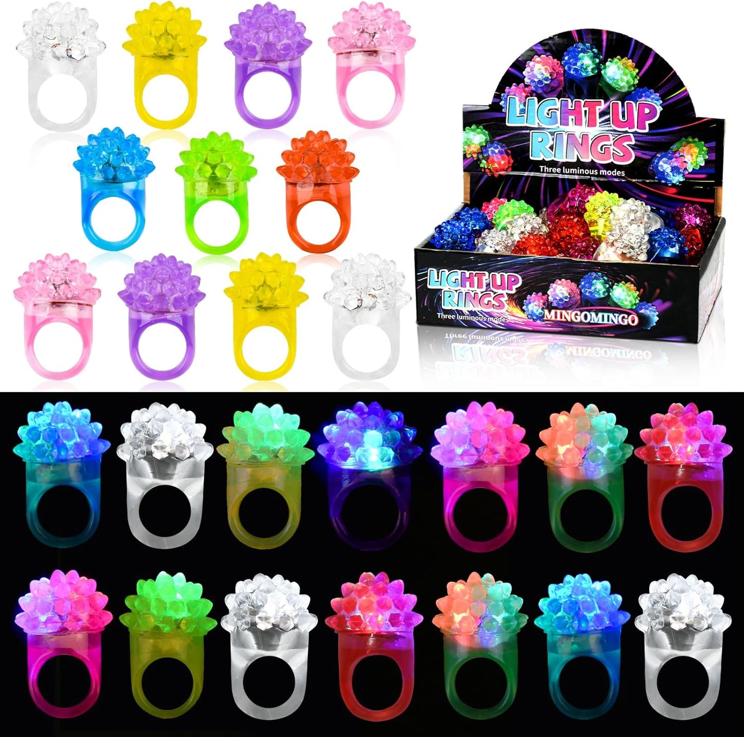 MINGOMINGO 25 Pack Led Light up Rings & Glow Rings Bulk Party Favors - 3-Mode Flashing LED Jewelry, Treasure Box Toys for Classroom, Easter Egg Fillers, Bulk Halloween Christmas Concert Supplies