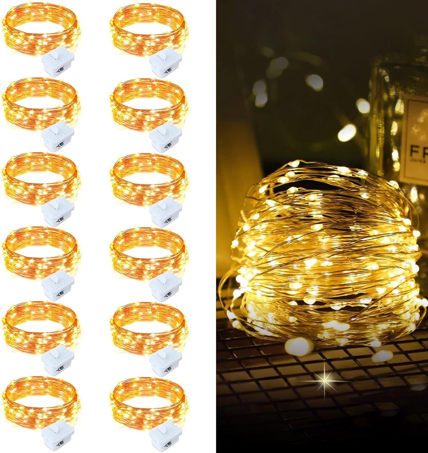 Aogist Led Fairy Lights 3 Modes Battery Operated String Lights Waterproof Silver Wire 7 Feet Firefly Starry Moon Mason Jar Lights for DIY Wedding Party Christmas (Warm White(White Shell), 12 Pack)