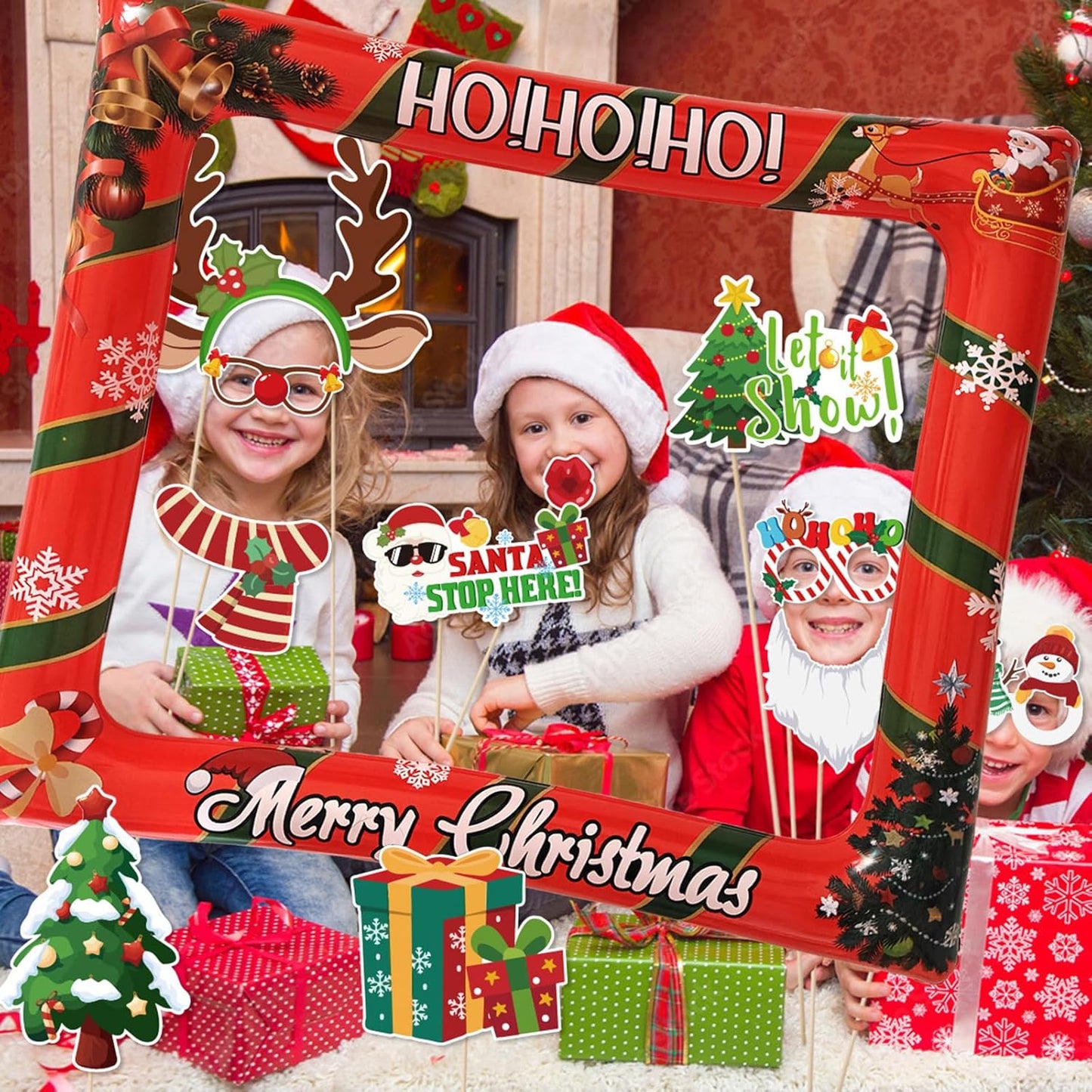 32 PCS Christmas Photo Props with Inflatable Selfie Photo Booth Frame - Funny Christmas Themed Photo Booth Selfie Frame Props for Adults Kids Red and Green Christmas Party Supplies Decorations