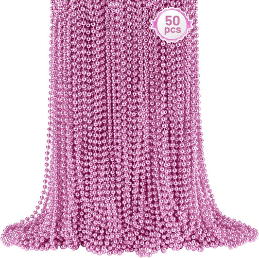 SHAOQINLIN 50 PCS Pink Bead Necklace, 33" Pink Mardi Gras Beads, Breast Cancer Awareness Beaded Necklaces, Party Beads for Mardi Gras, Christmas, Valentine's Day, Wedding, Gender Reveal Party Favors