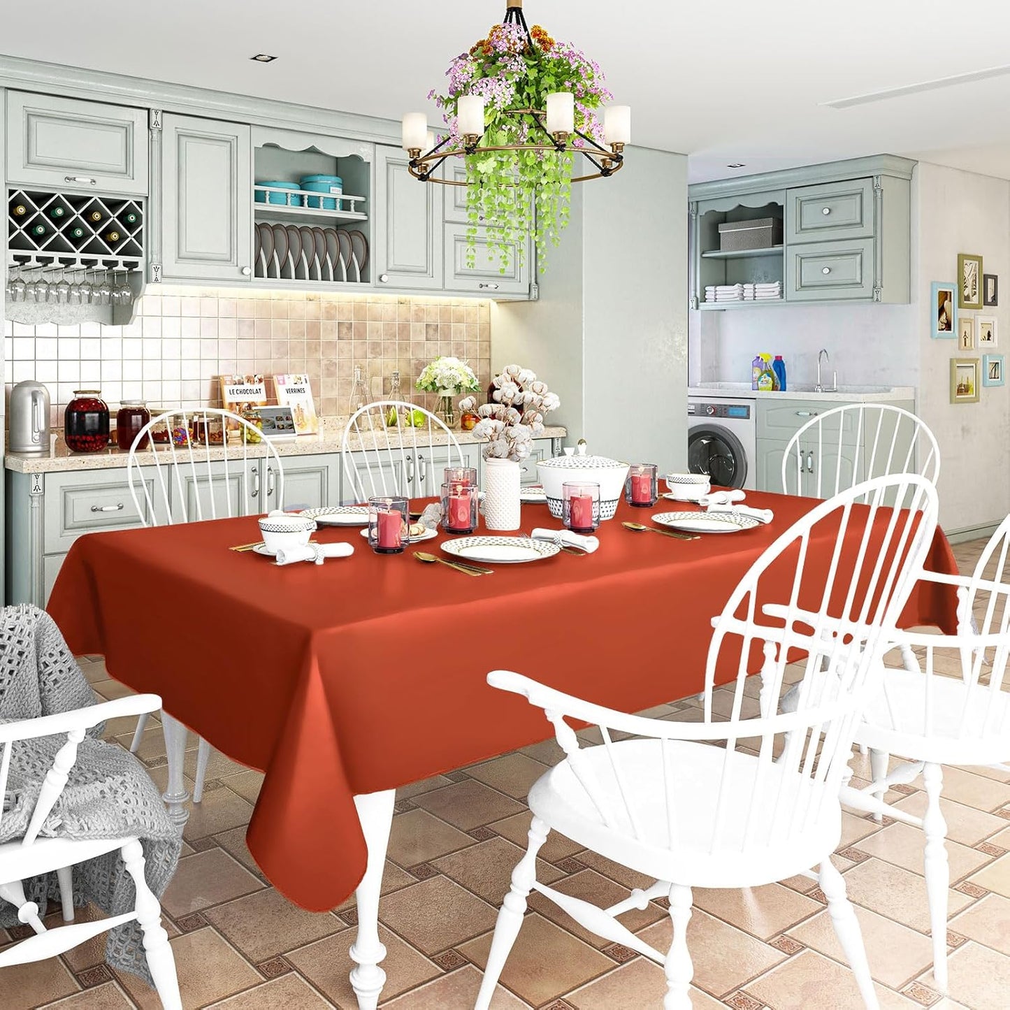 homing Square Vinyl Tablecloth, Waterproof Spillproof Plastic Flannel Backed Table Cloth, Wipe Clean Table Cover for Dining, Buffet Parties and Camping (Rust, 54" x 54")