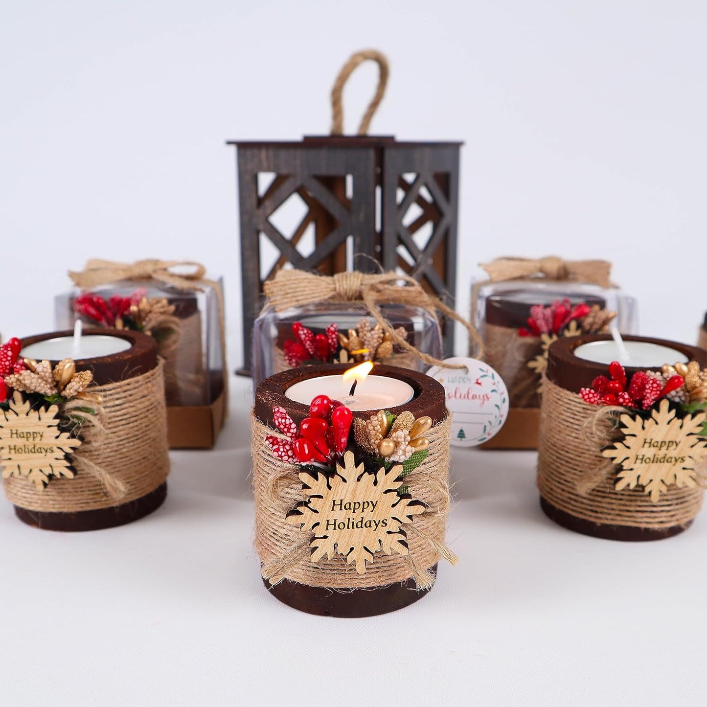 HTF Pack of 10 Christmas Decorations Wood Tealight Candle Holder, Coworker Gift, Happy, New Year, Christmas Candles, Noel Xmas Decoration (CH-Snowflake, Dark Brown)