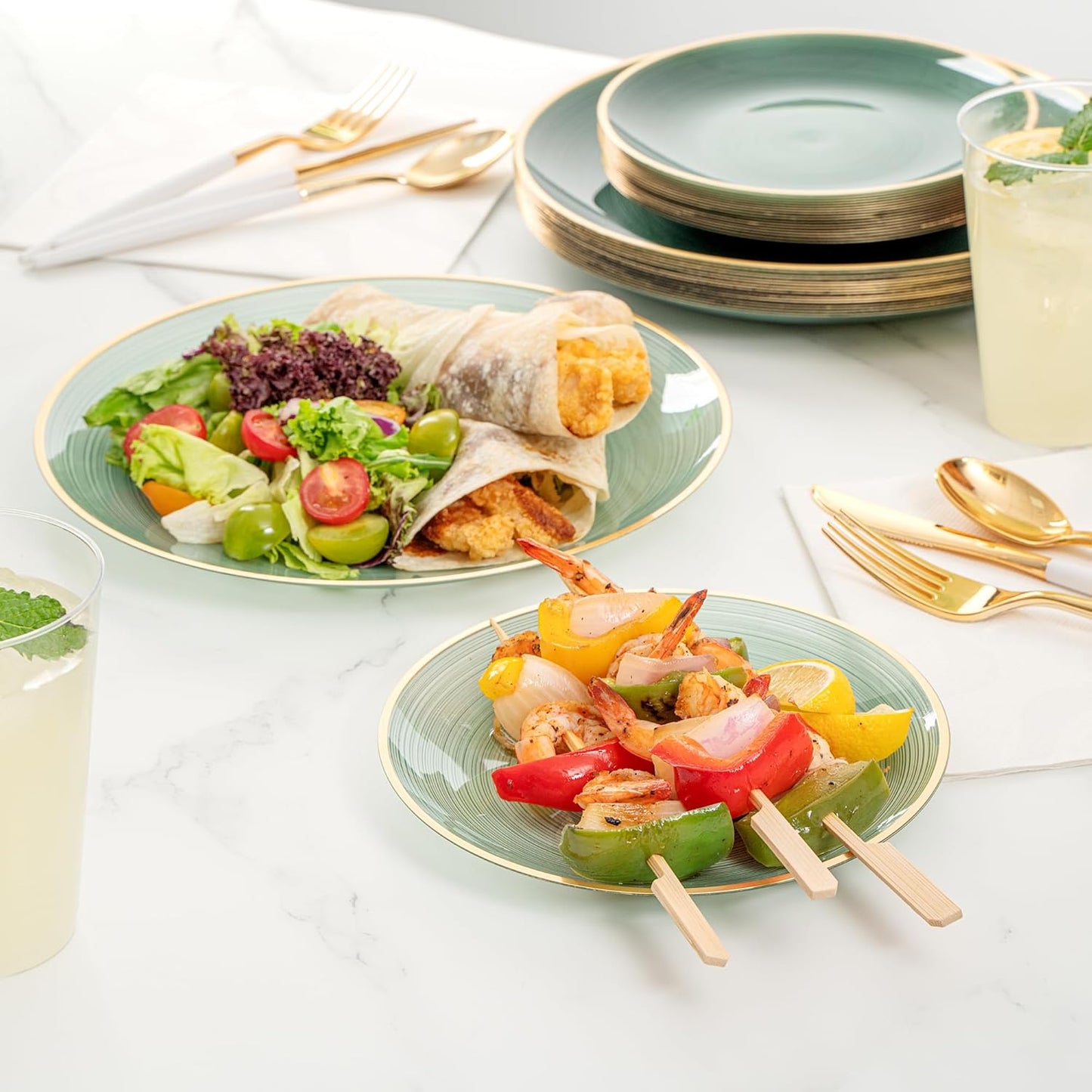 Restaurantware Plastic Plates 200 Pcs 7.13" and 10" Combo Gold Rimmed Plate Set Disposable Heavy-Duty Green Translucent Rippled Plastic Dinner Servers for Party, Weddings, Salads, Desserts