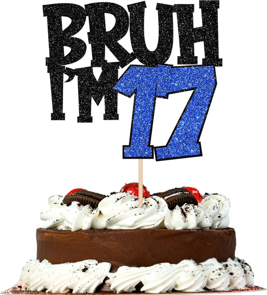 1 PCS Bruh I'm 17 Cake Topper Glitter Happy 17th Birthday Cake Pick Bro I'm 17 Cake Decoration It's My 17th Birthday Decorations for Cheers to 17 Years Old Birthday Anniversary Party Supplies Blue