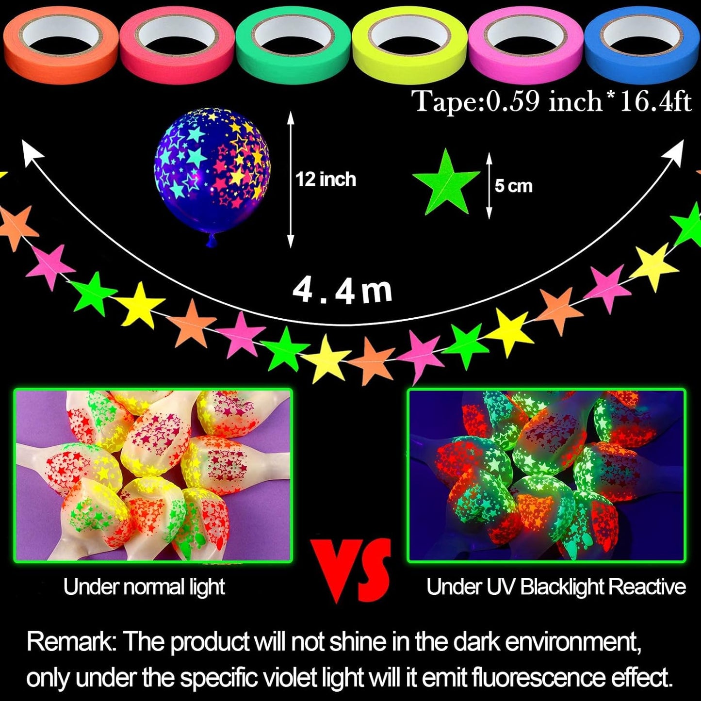 32 Pcs Glow in The Dark Party Supplies Christmas Neon Party Favors with 25 Fluorescent Balloon 6 Rolls 98.4 ft UV Blacklight Luminous Tape 14.4 ft Neon Streamer Garland for Adults(Glitter Star)