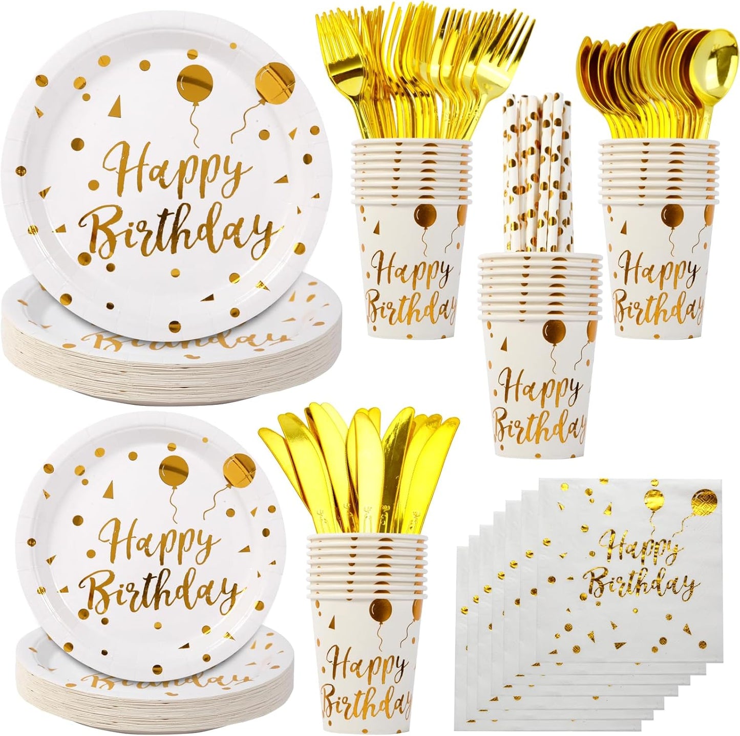 200PCS Birthday Decorations, Party Supplies, Disposable Happy Birthday Tableware Set, Paper Plates Napkins Cups, Plastic Forks Knives Spoons （25Guests） (White)