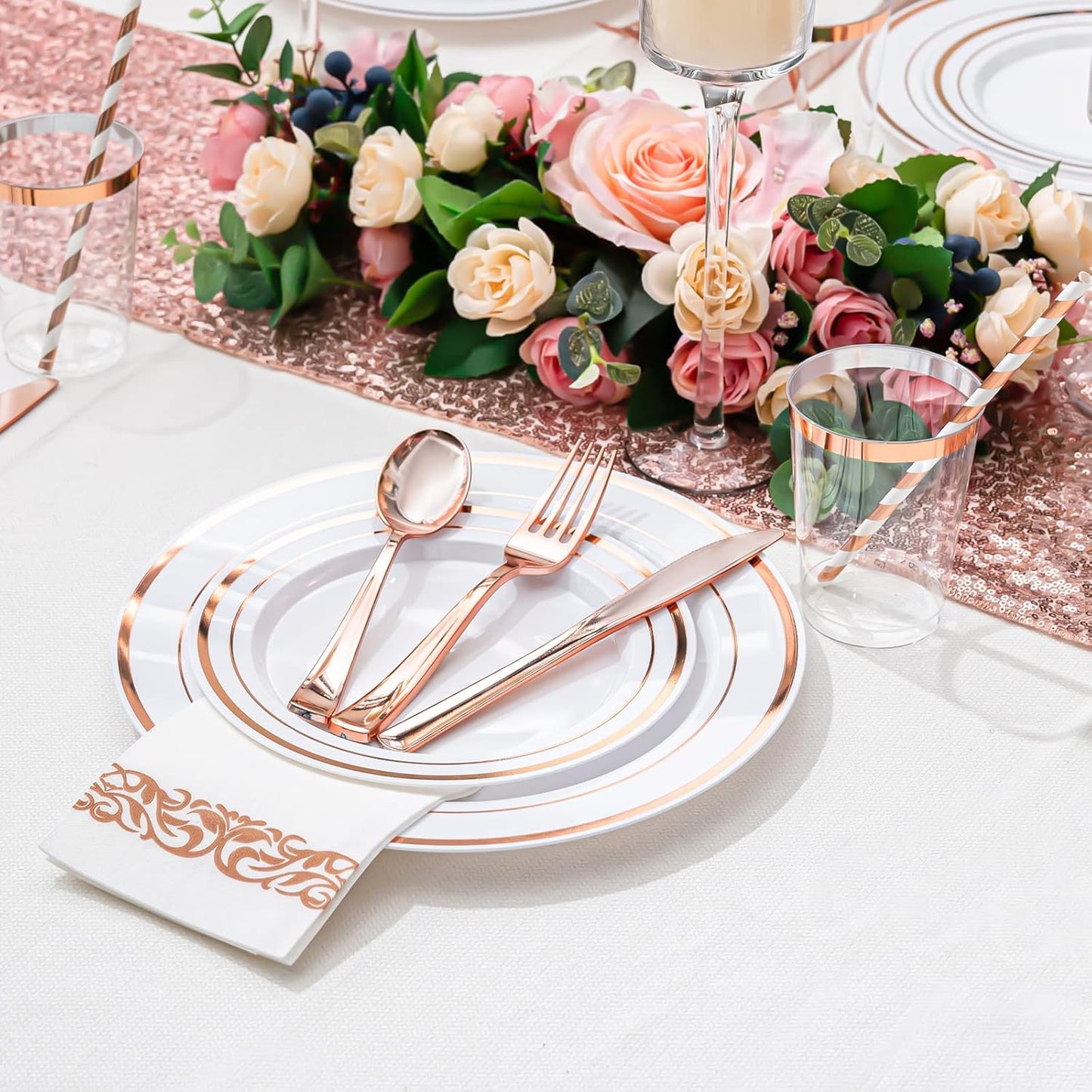 175PCS Rose Gold Dinnerware Set for 25 Guests, Rose Gold Rim Plastic Disposable Plates for Party Wedding Include 25 Dinner Plates, Dessert Plates, Silverware Set, Napkins, Cups