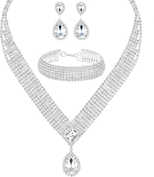 3/4 Pieces Women Jewelry Set Rhinestone Tiara Crown Necklace Bangle Bracelet Artificial Crystal Teardrop Dangle Earrings and Artificial Rhinestone Handbag for Wedding Party