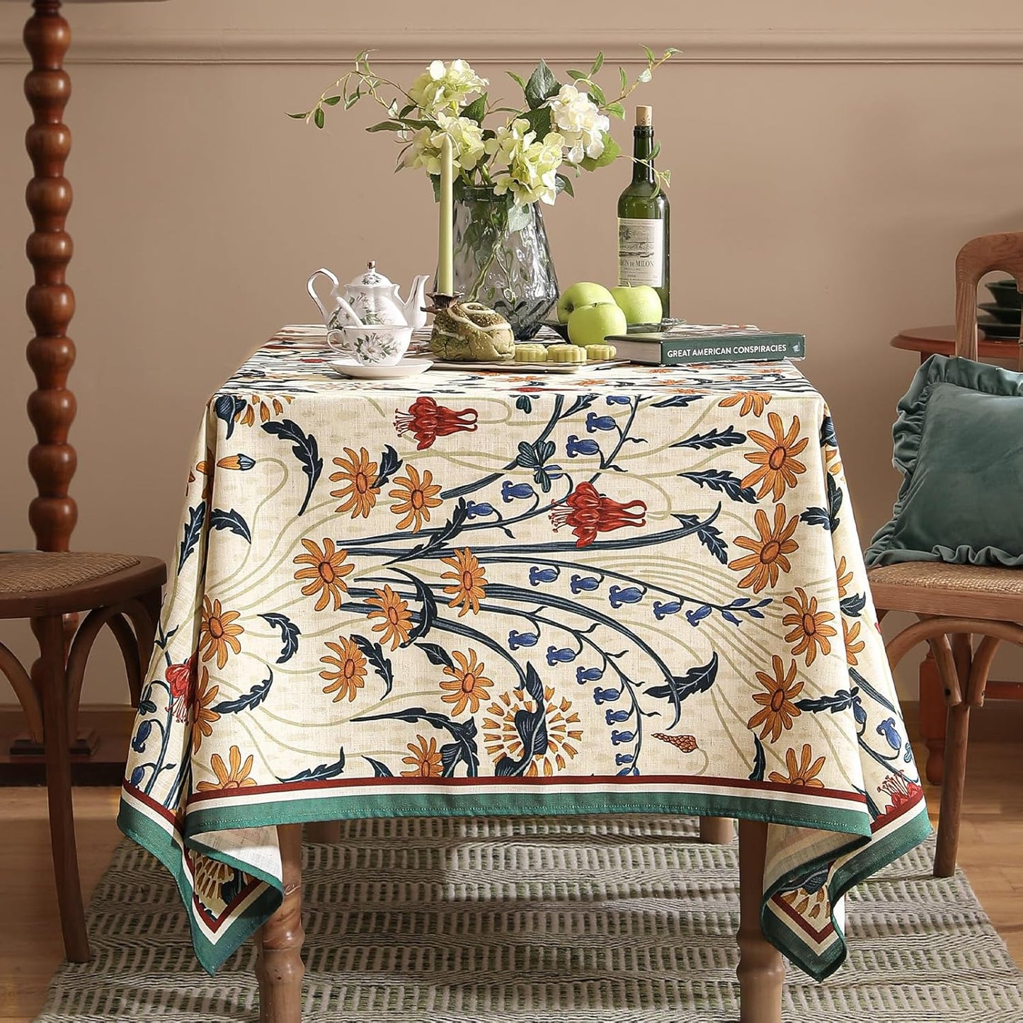 French Vintage Rectangular Tablecloth,Linen Tablecloth with Gold and Red Floral Pattern,Decorative Table Cover for Kitchen,Dining,Thanksgiving,Christmas,Party,55"*79"-Tijuana