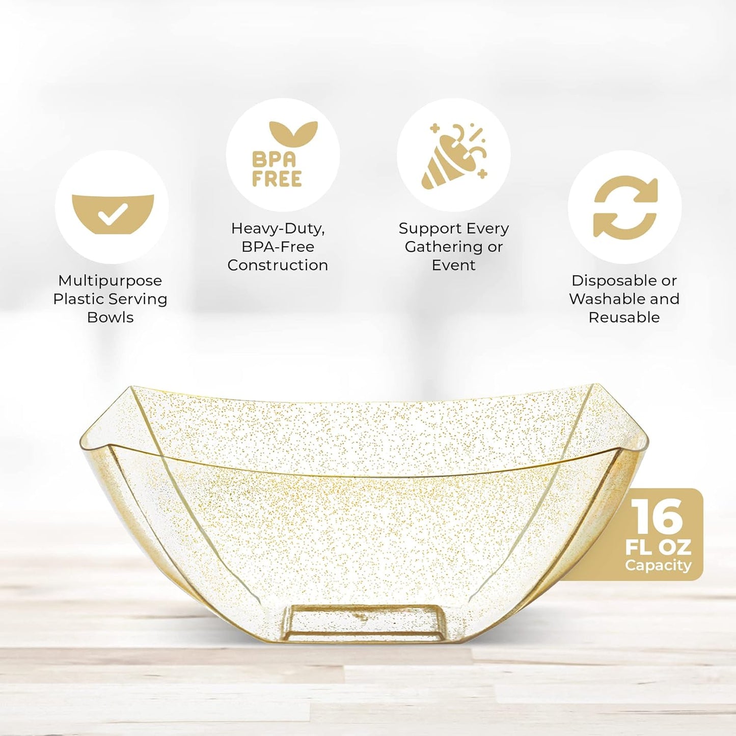 Posh Setting - Gold Glitter Plastic Serving Bowls for Party (16oz - 4 Pack) Square, Disposable, Candy Containers for Candy Buffet