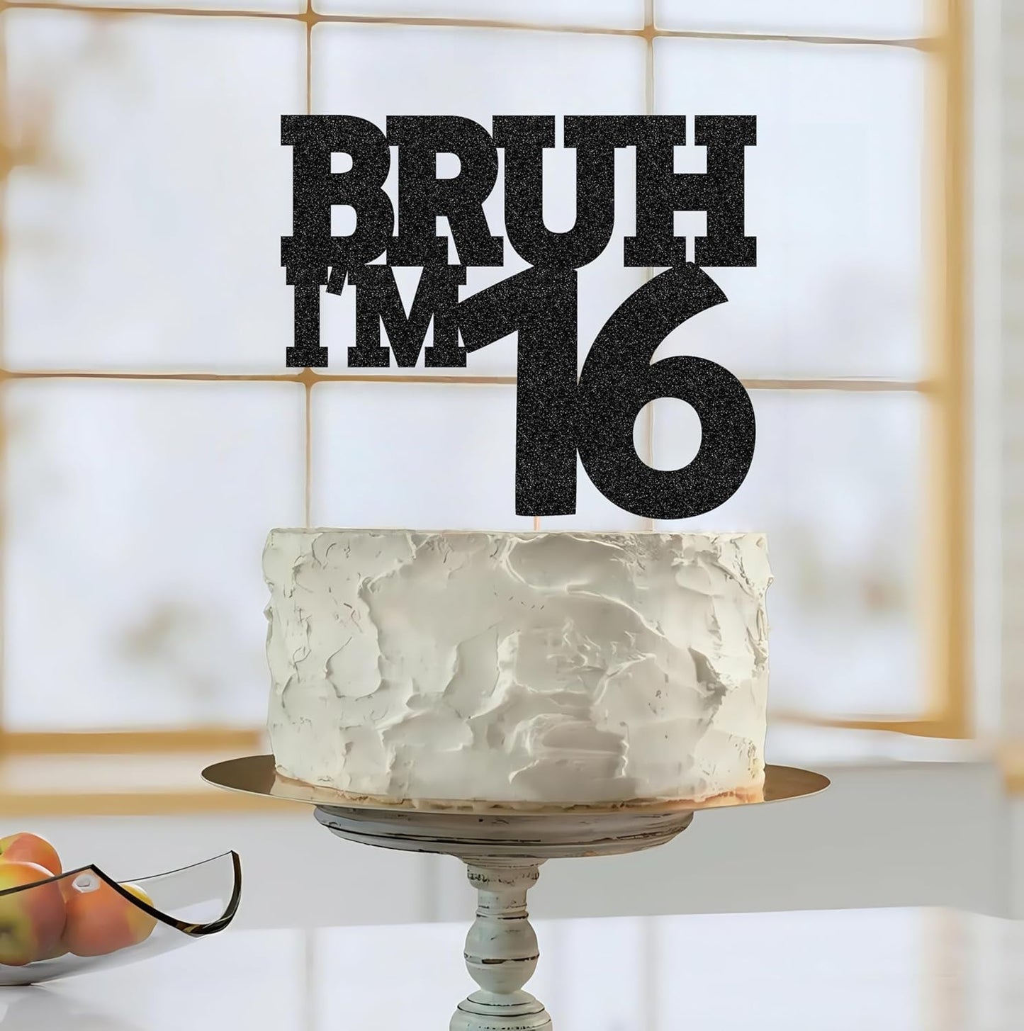 Bruh I'm 16 Cake Topper - Black Glitter Funny 16th Birthday Cake Decorations for Boys, Bro I'm 16/ Cheers to 16 Years Cake Decor for Brother Birthday Party Supplies Photo Booth Prop