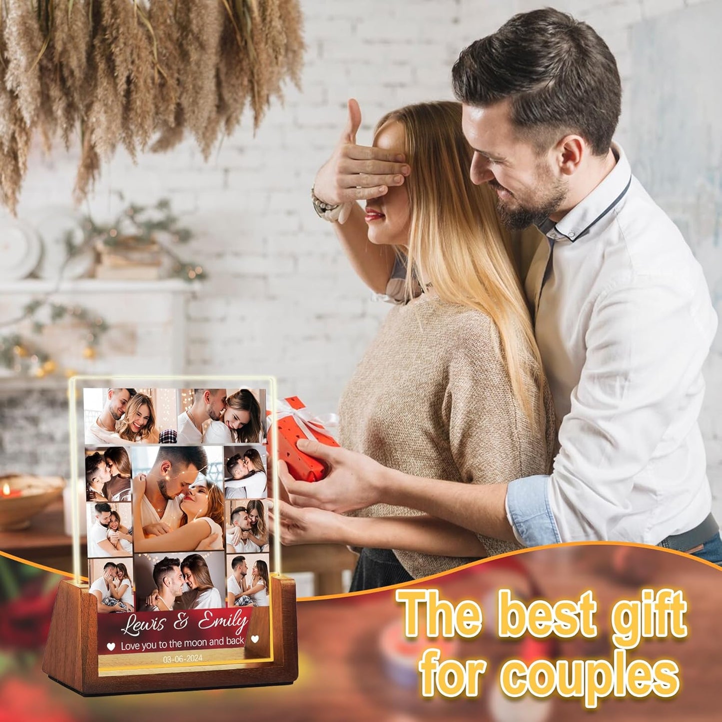 Personalized Couple Birthday Gifts For Him Her Boyfriend Girlfriend, Custom Light Up Photo Frame Acrylic Plaque With Picture Name, Customized Anniversary Christmas Wedding Gifts For Women Men