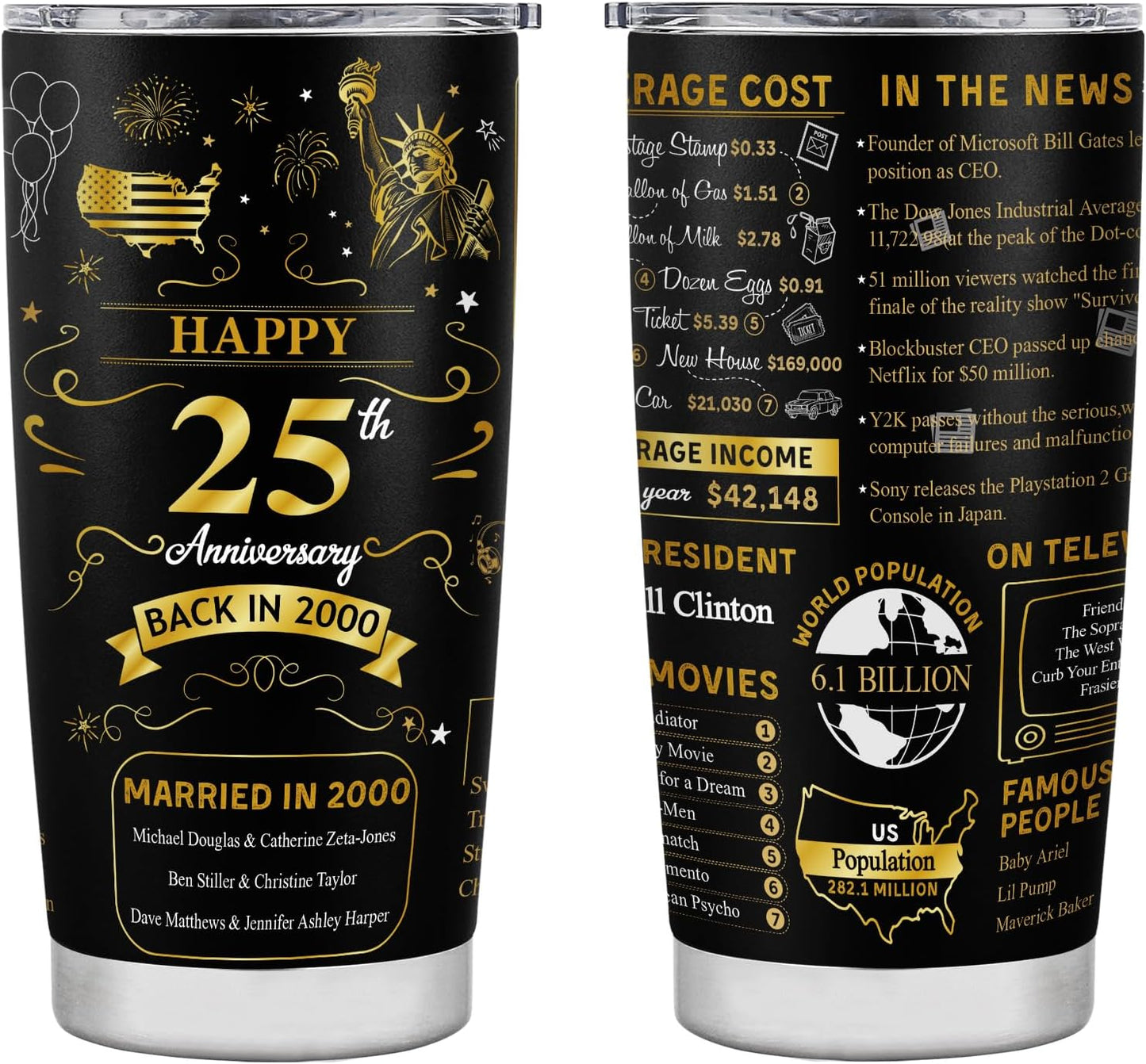 Happy 25th Anniversary Wedding Gifts for Men Women 25th Anniversary Tumbler 25 Years Wedding Gifts for Couple Wife Husband Back in 2000 Stainless Steel Vacuum Insulated Tumbler 20 oz