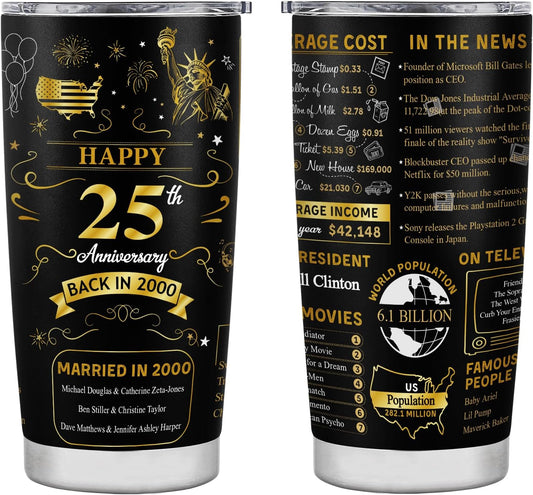 Happy 25th Anniversary Wedding Gifts for Men Women 25th Anniversary Tumbler 25 Years Wedding Gifts for Couple Wife Husband Back in 2000 Stainless Steel Vacuum Insulated Tumbler 20 oz