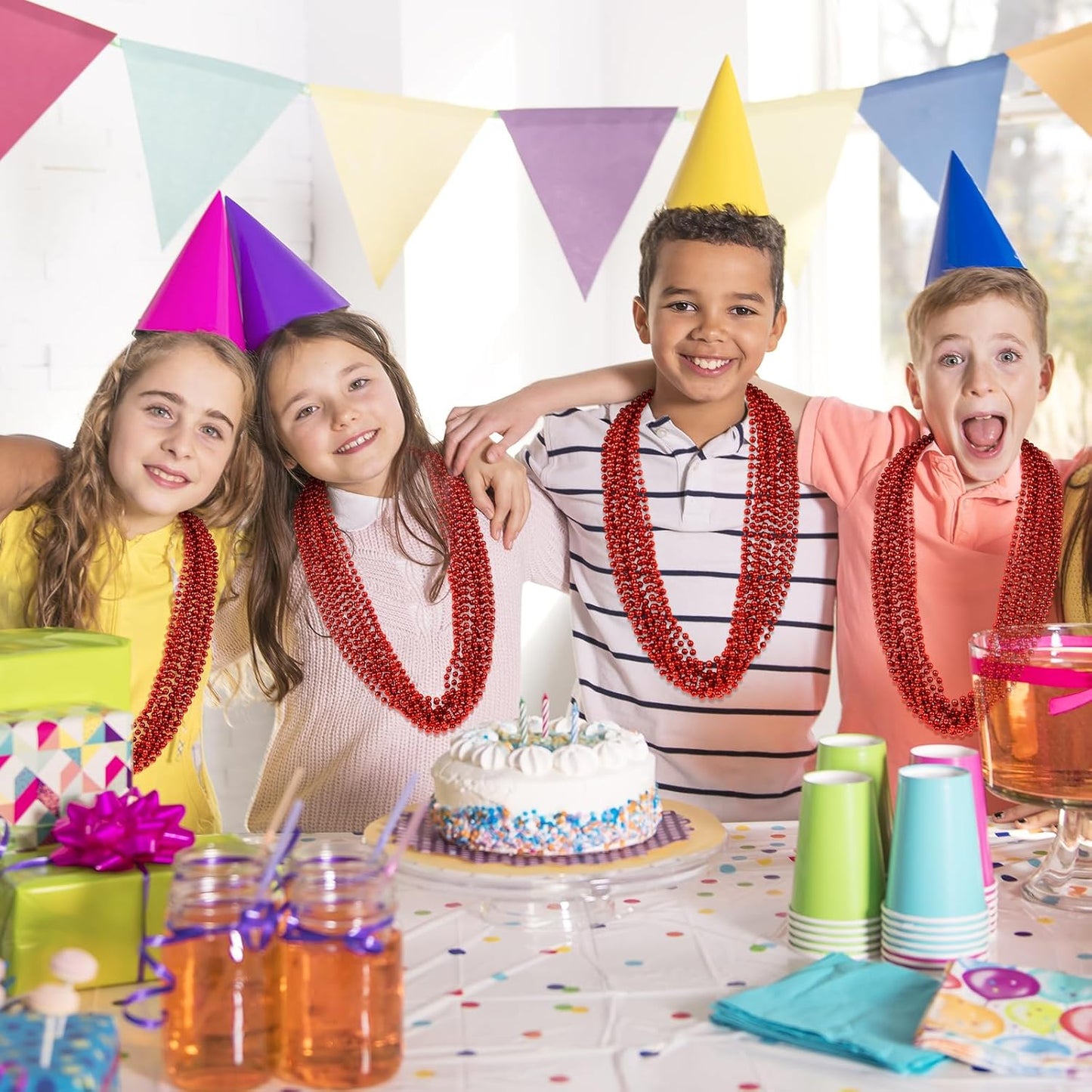 100 PCS Red Mardi Gras Beads, Red Beads Necklaces Christmas Necklaces 33" Metallic Beaded Costume Necklaces Party Necklaces for Valentines Christmas Parade Throws Wedding Birthday Party Favors