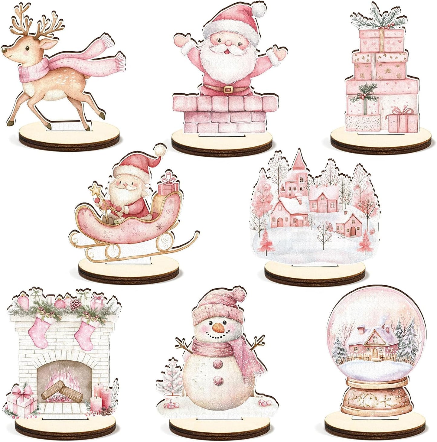 16 Pcs Wooden Pink Christmas Table Centerpiece Cute Watercolor Xmas Tabletop Detachable Sign Farmhouse Snowman Deer Santa Table Toppers Display Decor Birthday Photo Props Party Favor Supplies