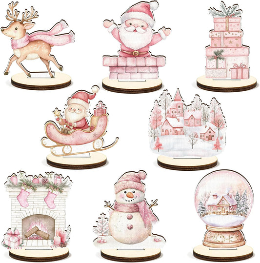16 Pcs Wooden Pink Christmas Table Centerpiece Cute Watercolor Xmas Tabletop Detachable Sign Farmhouse Snowman Deer Santa Table Toppers Display Decor Birthday Photo Props Party Favor Supplies