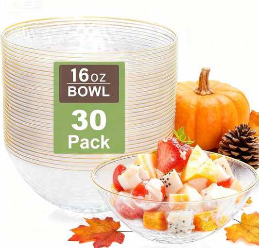 I00000 30 Pack 12 Ounce Clear Plastic Bowls Hammered with Gold Rimmed, Heavy Duty Disposable Bowl Set,Elegant Small Bowls for Thanksgiving Party, Weddings, Catering