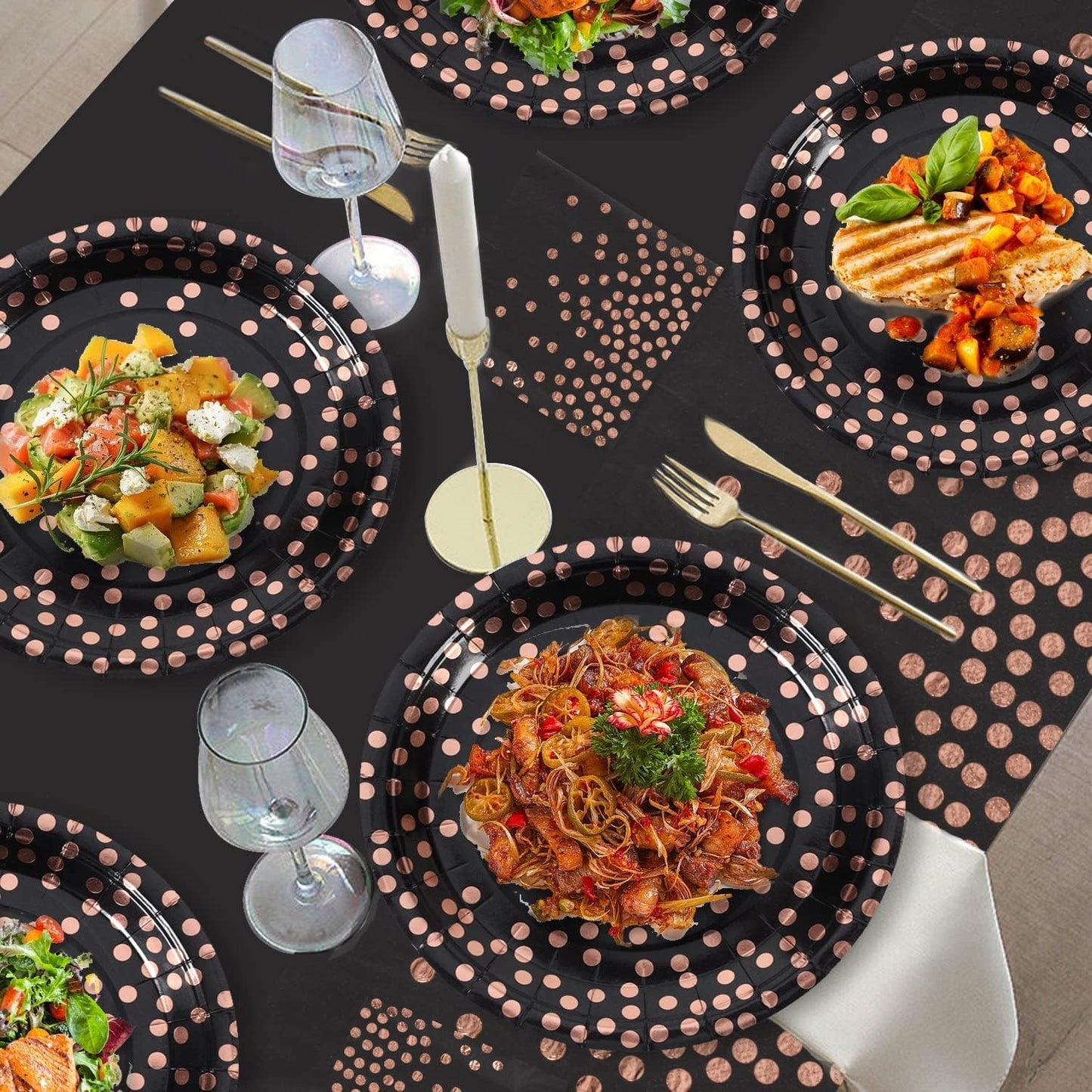 Black and Rose Gold Paper Plates and Napkins 50 Pack-25 * 7" Paper Plates & 25 * 6.5" Napkins,Party Supplies for Graduation Retirement,Birthdays Receptions and All Occasions