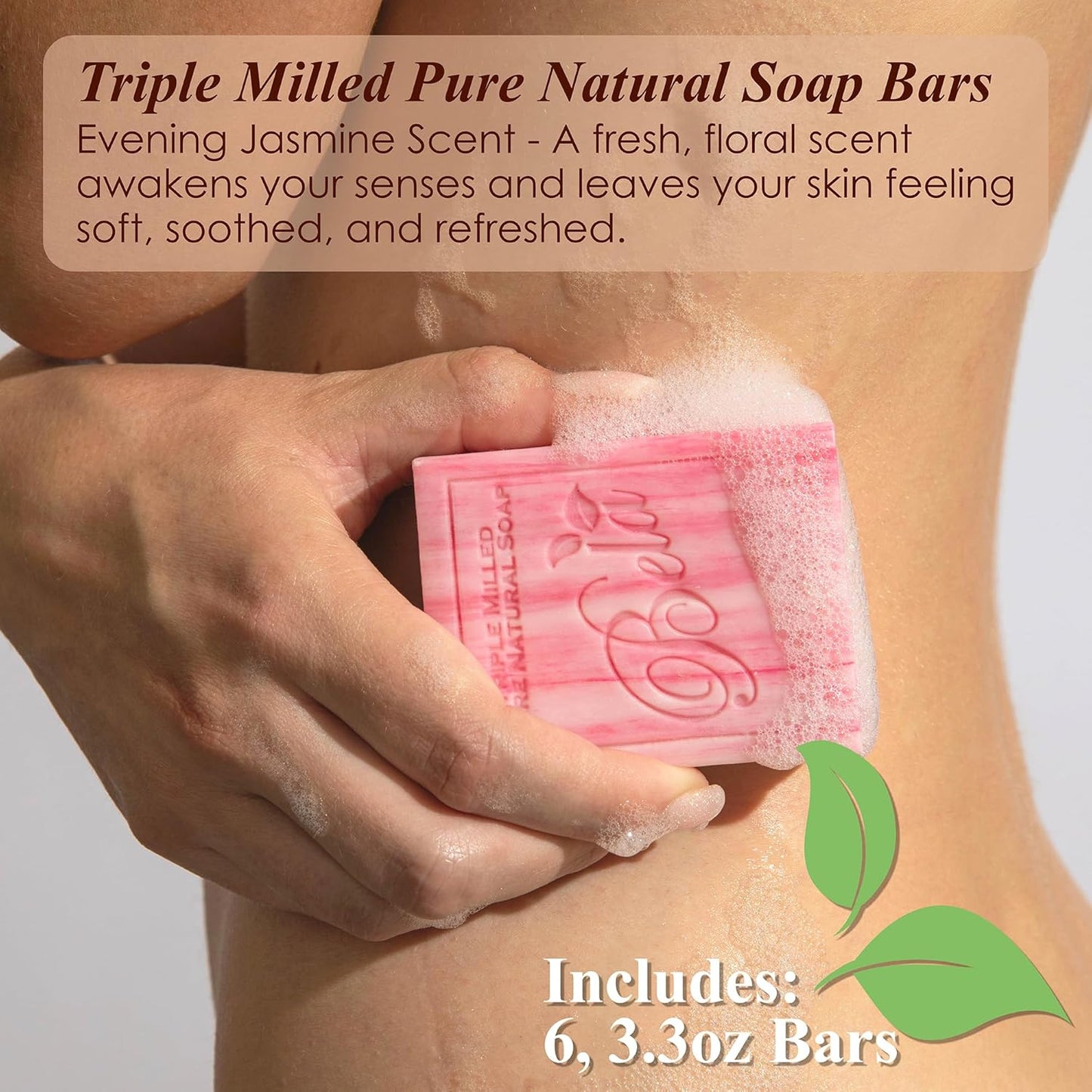 BELA Evening Jasmine Soap 3.3 OZ Pack of 6, Long Lasting French Triple Milled Bar Soap with Organic Shea Butter, Hand, Face and Body Wash Bar, Made in Australia