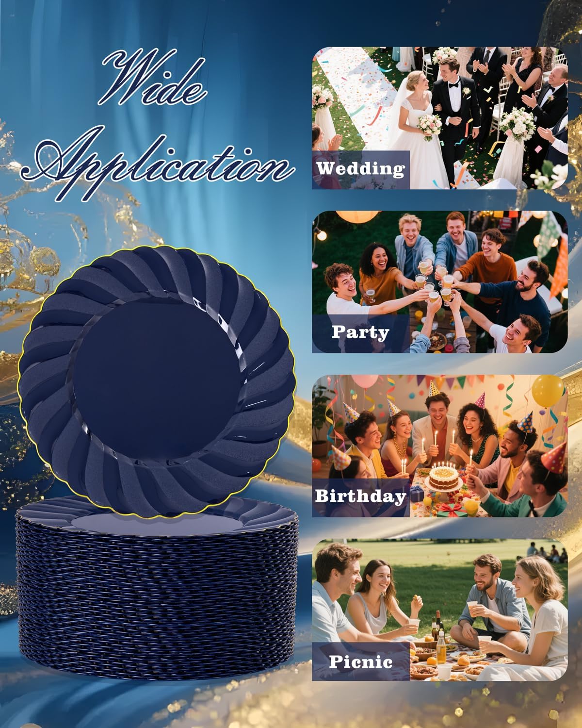 YOUBET 50 Pack Blue Scalloped Plastic Plates - 10.25 Inch Navy Blue Disposable Plates with Gold Rim - High End Elegant Vintage Dinner Plate for Birthday Parties & Wedding