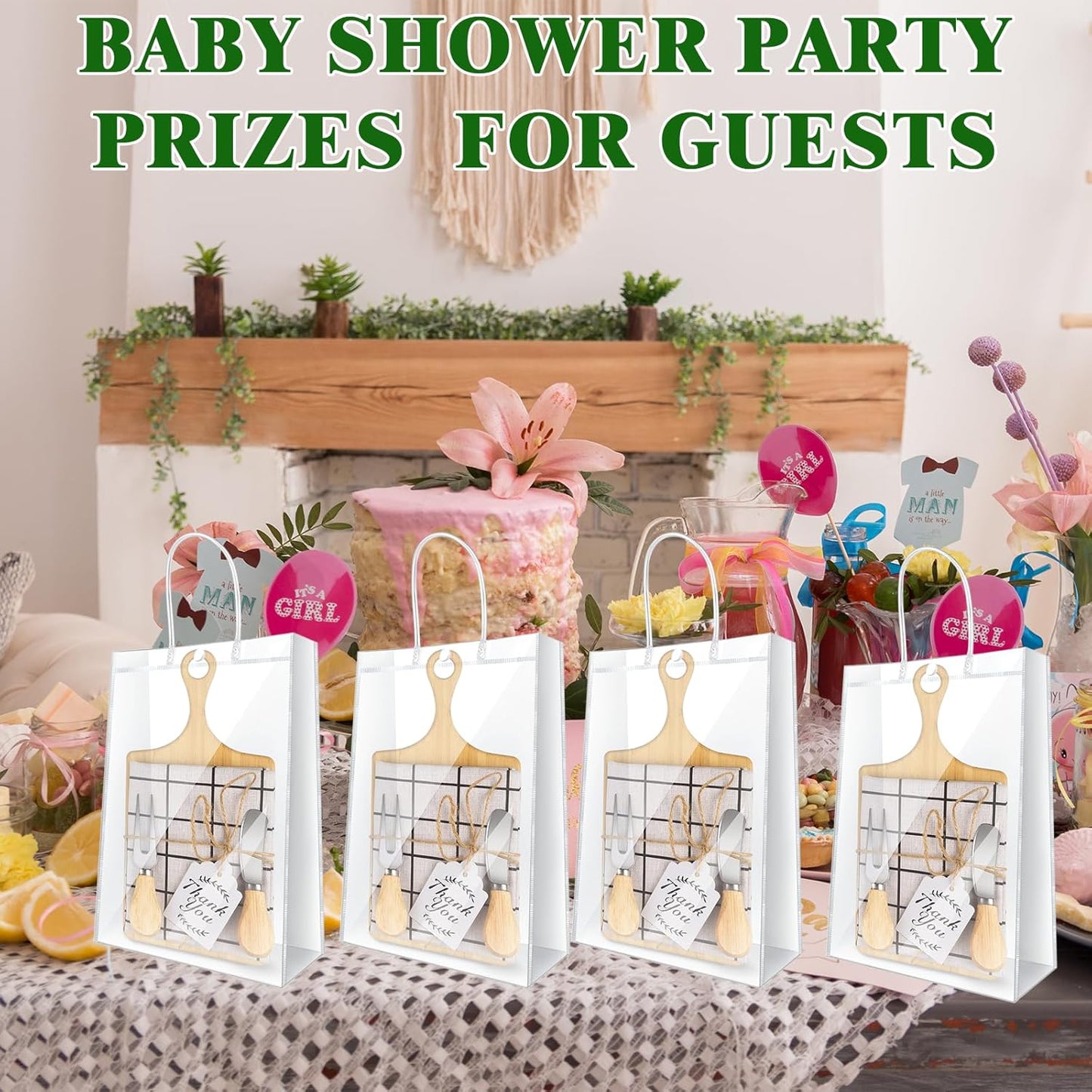 37 Pcs Baby Shower Game Prizes for Winners 6 Sets Baby Shower Prizes for Game Player with Bamboo Cheese Board Oak Cutlery Placemats Tags Bags