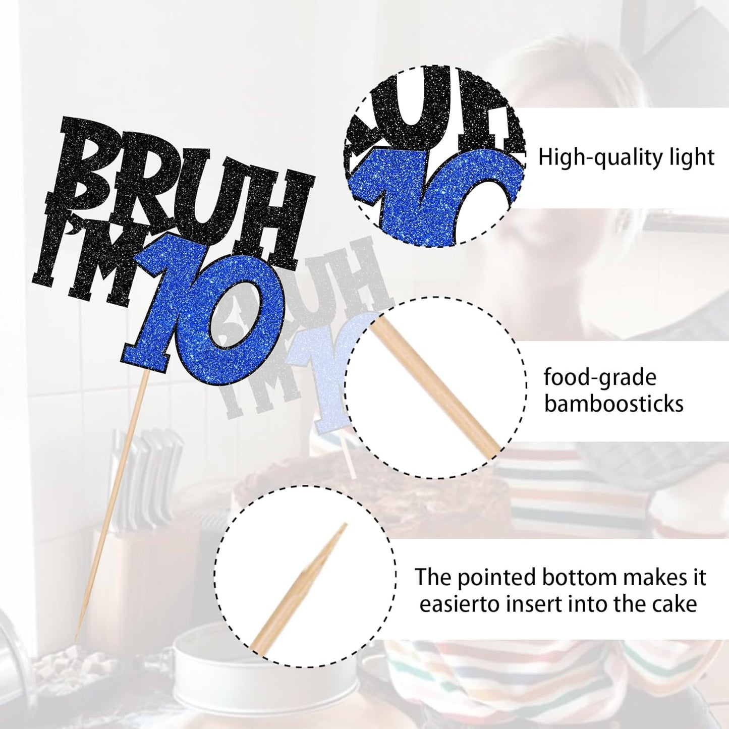 1 PCS Bruh I'm 10 Cake Topper Glitter Happy 10th Birthday Cake Pick Bro I'm 10 Cake Decoration It's My 10th Birthday Decorations for Cheers to 10 Years Old Birthday Anniversary Party Supplies Blue