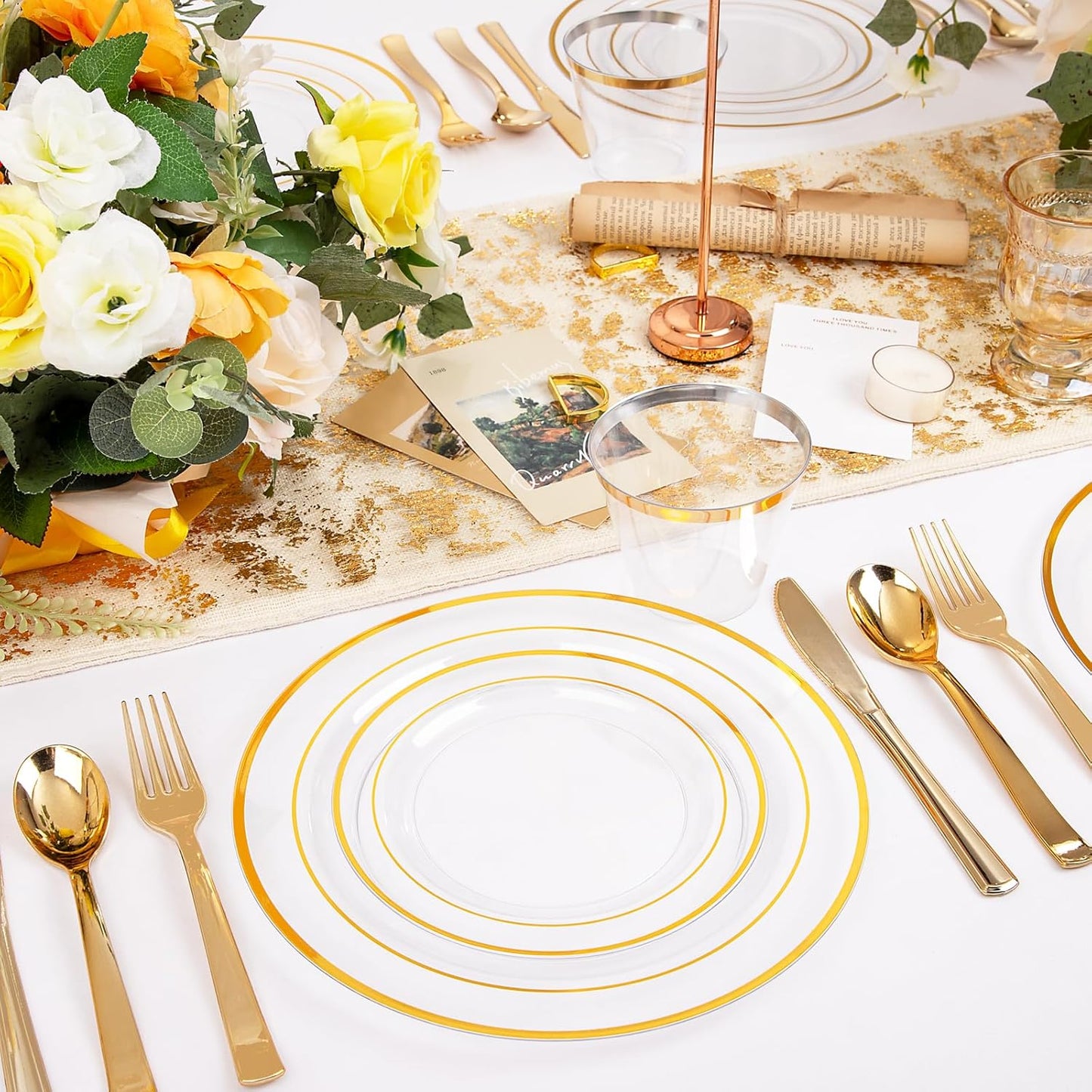WELLIFE 300Pcs Clear Gold Dinnerware, Clear and Gold Plates Heavy Duty, Including 50 Dinner and 50 Dessert Plates, 50 Cups, 50 Silverware