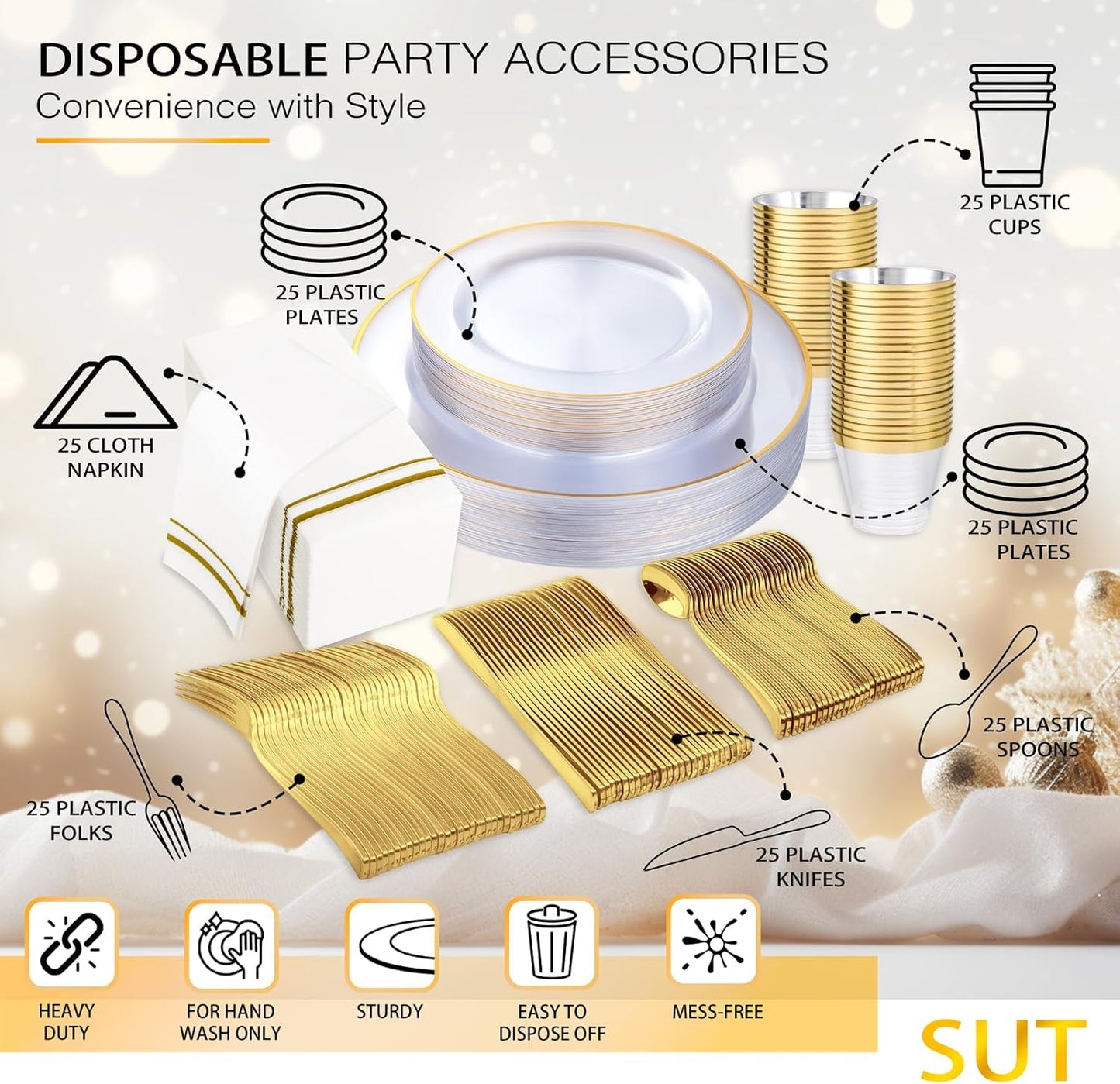 SUT 175 PCS Clear and Gold Plastic Plates, Plates Disposable Heavy Duty for 25 Guests, Disposable Plates for Party and Wedding, Party plates and Cups and Napkins Sets, Plastic plates Disposable