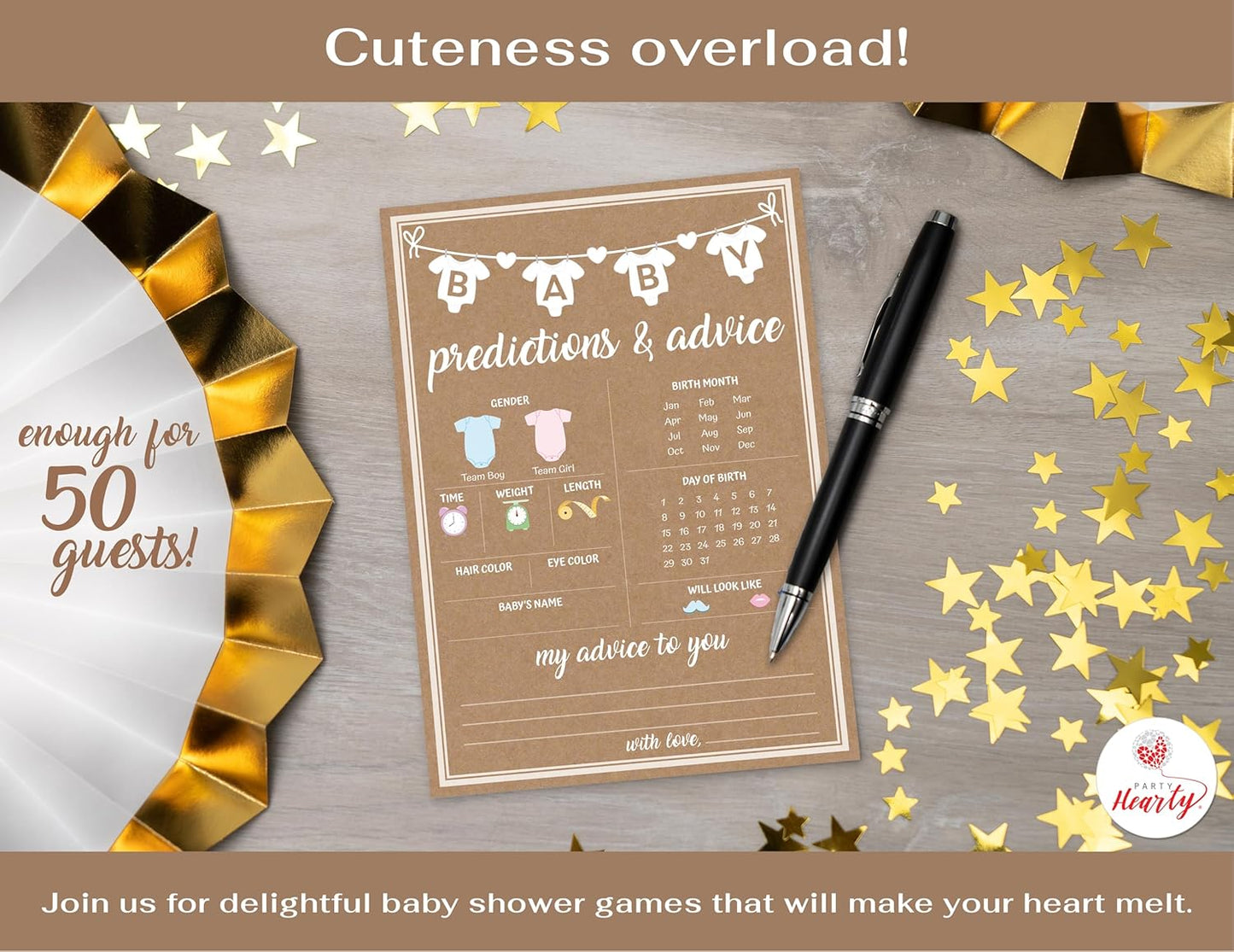 Party Hearty Baby Shower Games for Girl or Boy, 50 pcs Predictions & Advice Game, Fun Activity Cards, Gender Neutral, Baby Shower Ideas